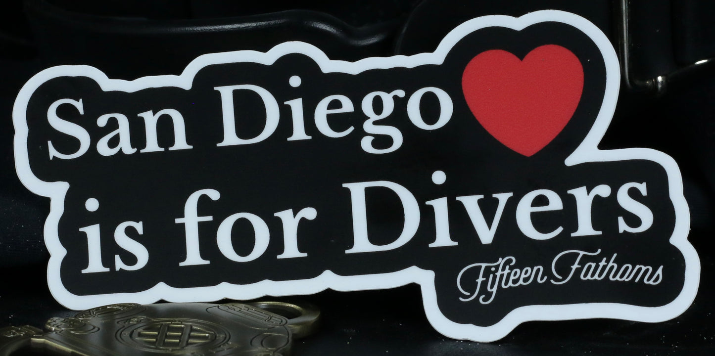 Inspired by the classic "Virginia is for lovers" slogan, this new sticker is for all of our San Diego divers. Show your love for America's Finest City, and the home of 15 Fathoms. Length: 5 inches Height: 2.5 inches
