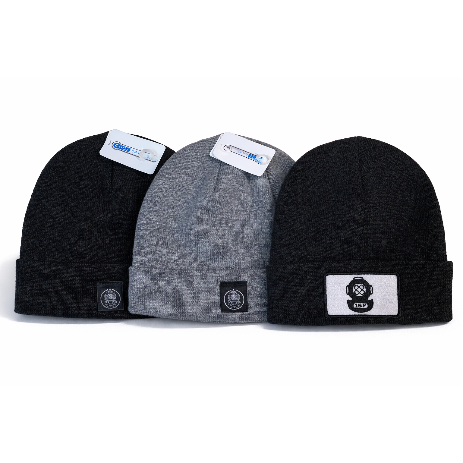 Three beanies in black, gray, and black with 15 Fathoms helmet logos on a white background