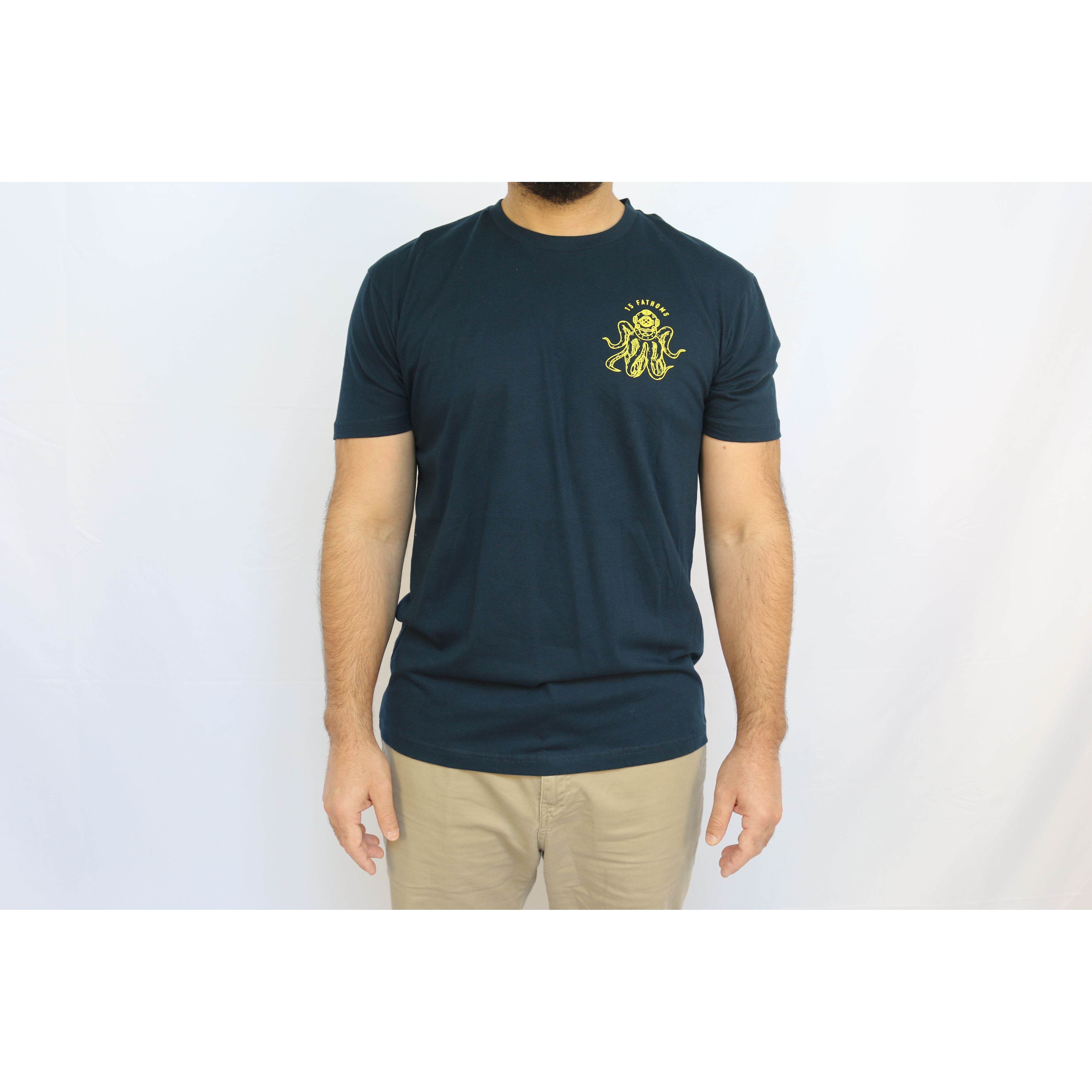 Dive Bar - black t-shirt featuring dive helmet with tentacles logo on the heart, model front