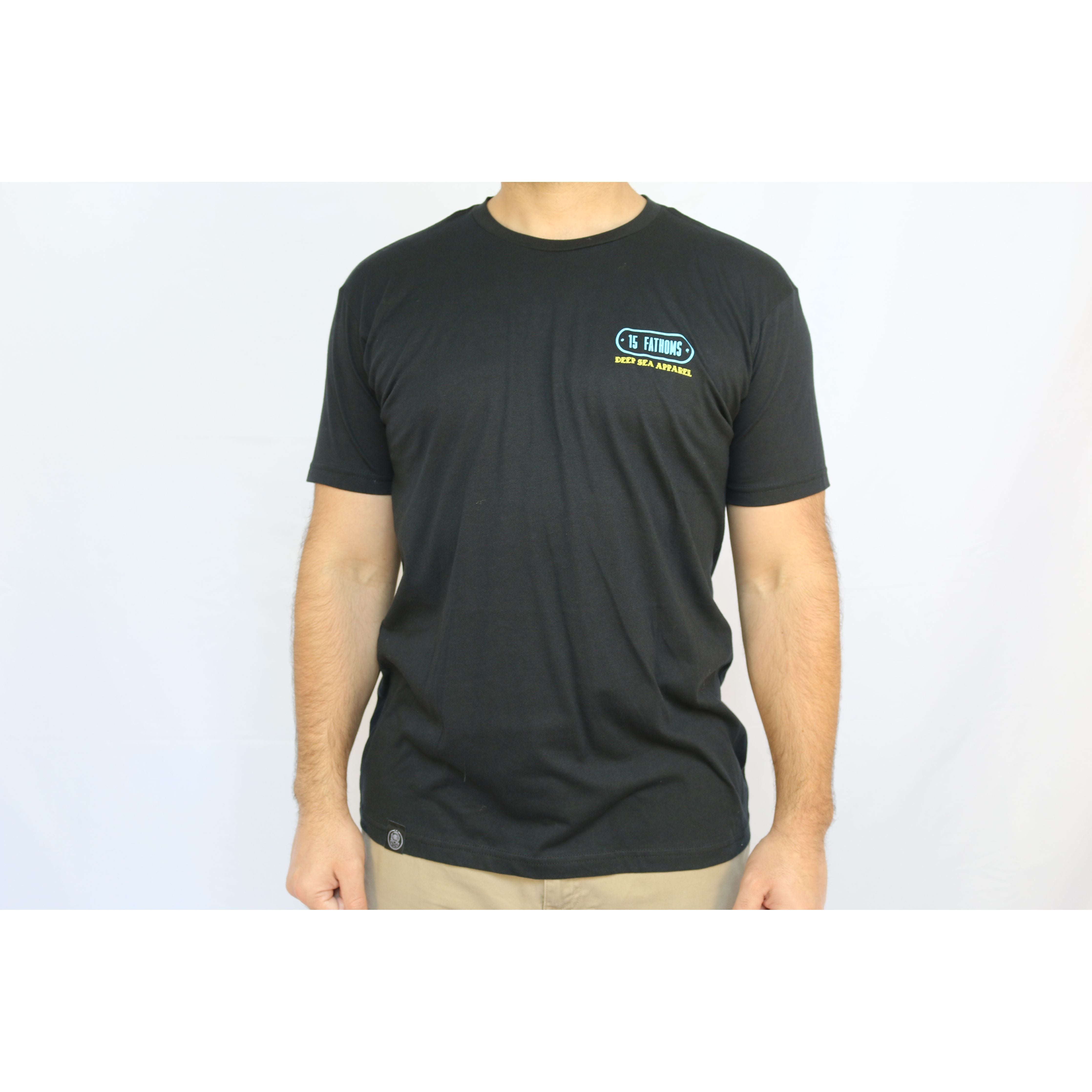 Kraken - black t-shirt with "15 Fathoms Deep Sea Apparel" text over the heart on front