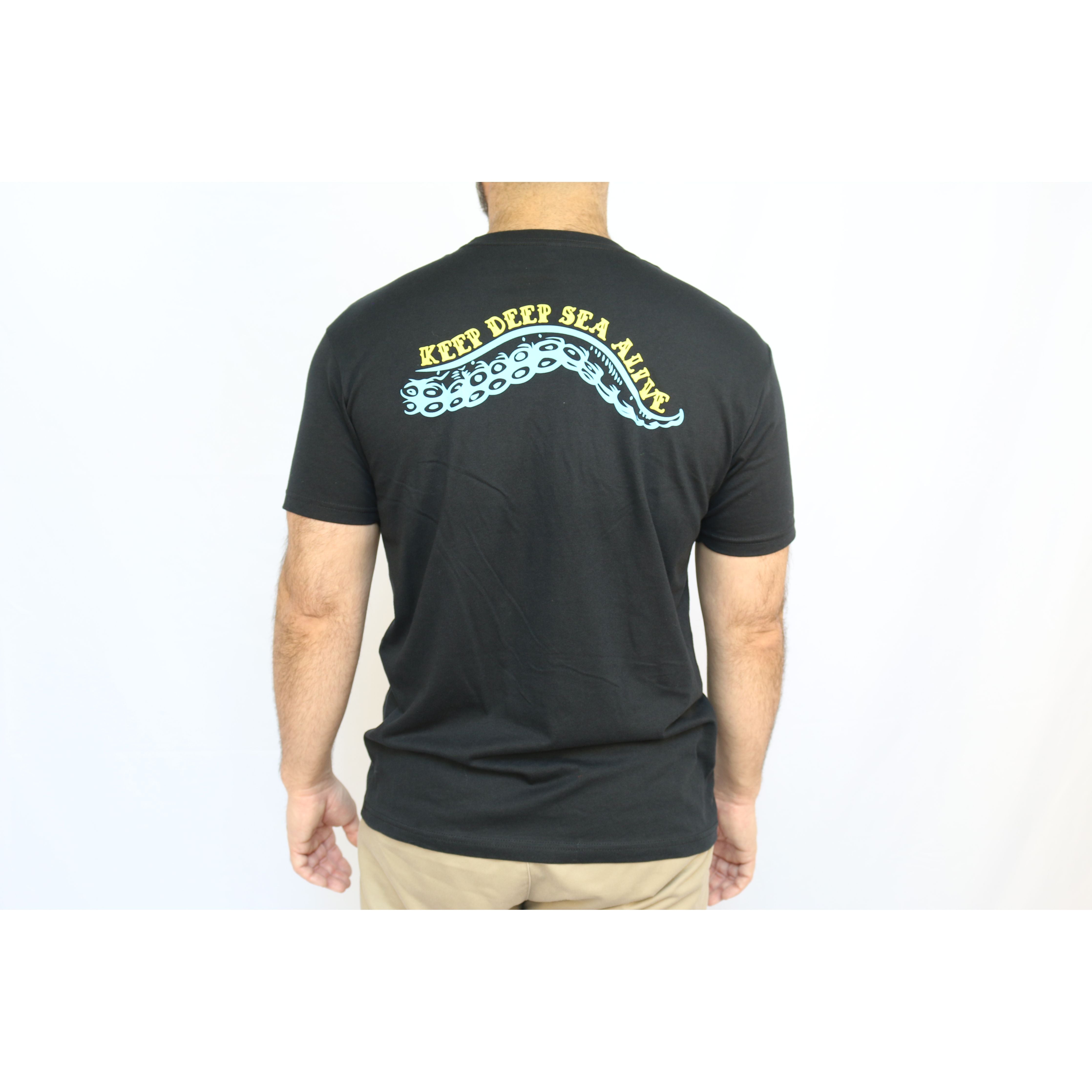 Kraken - black t-shirt with blue tentacle across the back and "Keep Deep Sea Alive" text along the top, model facing away