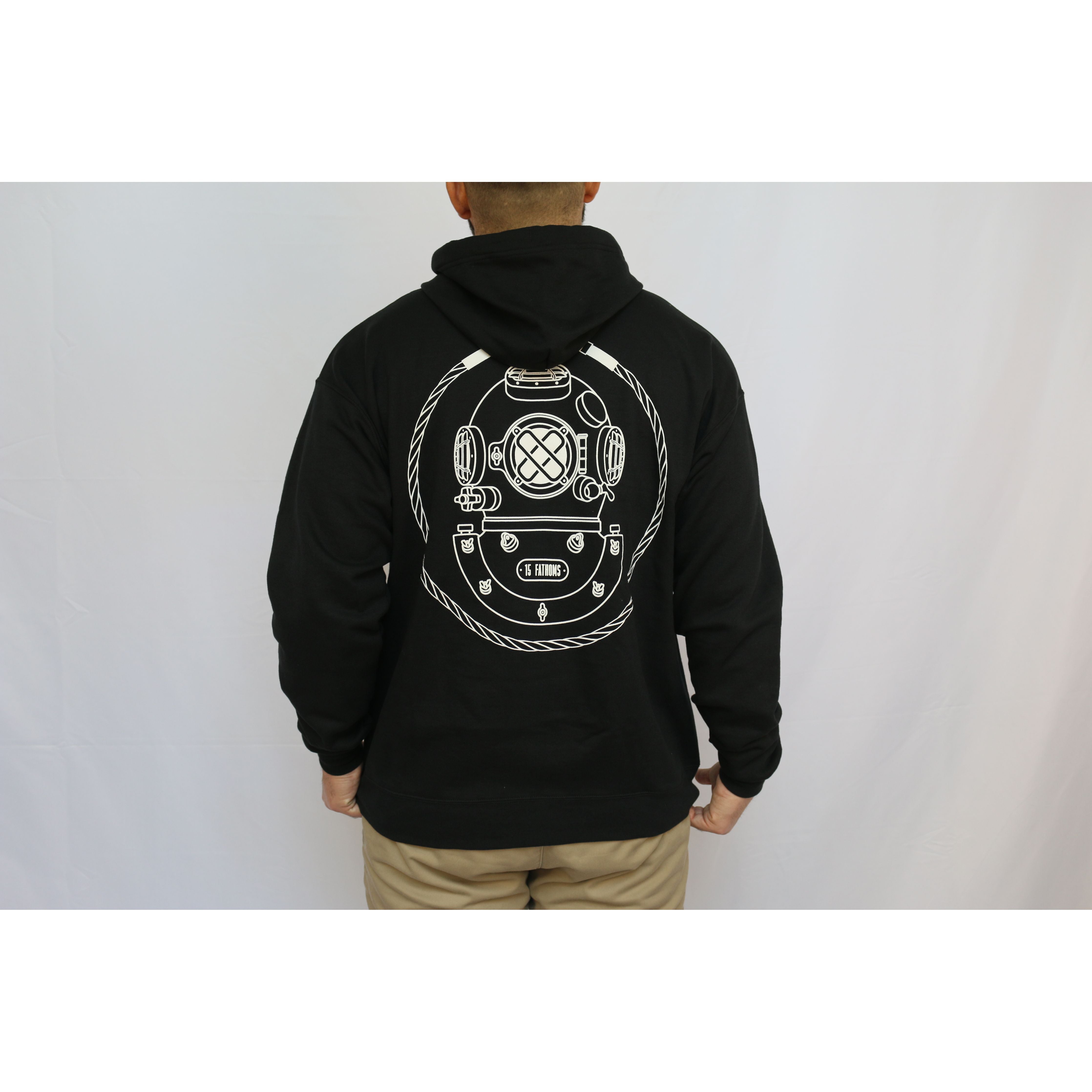 Iconic Hoodie - black hoodie with white diver helmet logo on the back