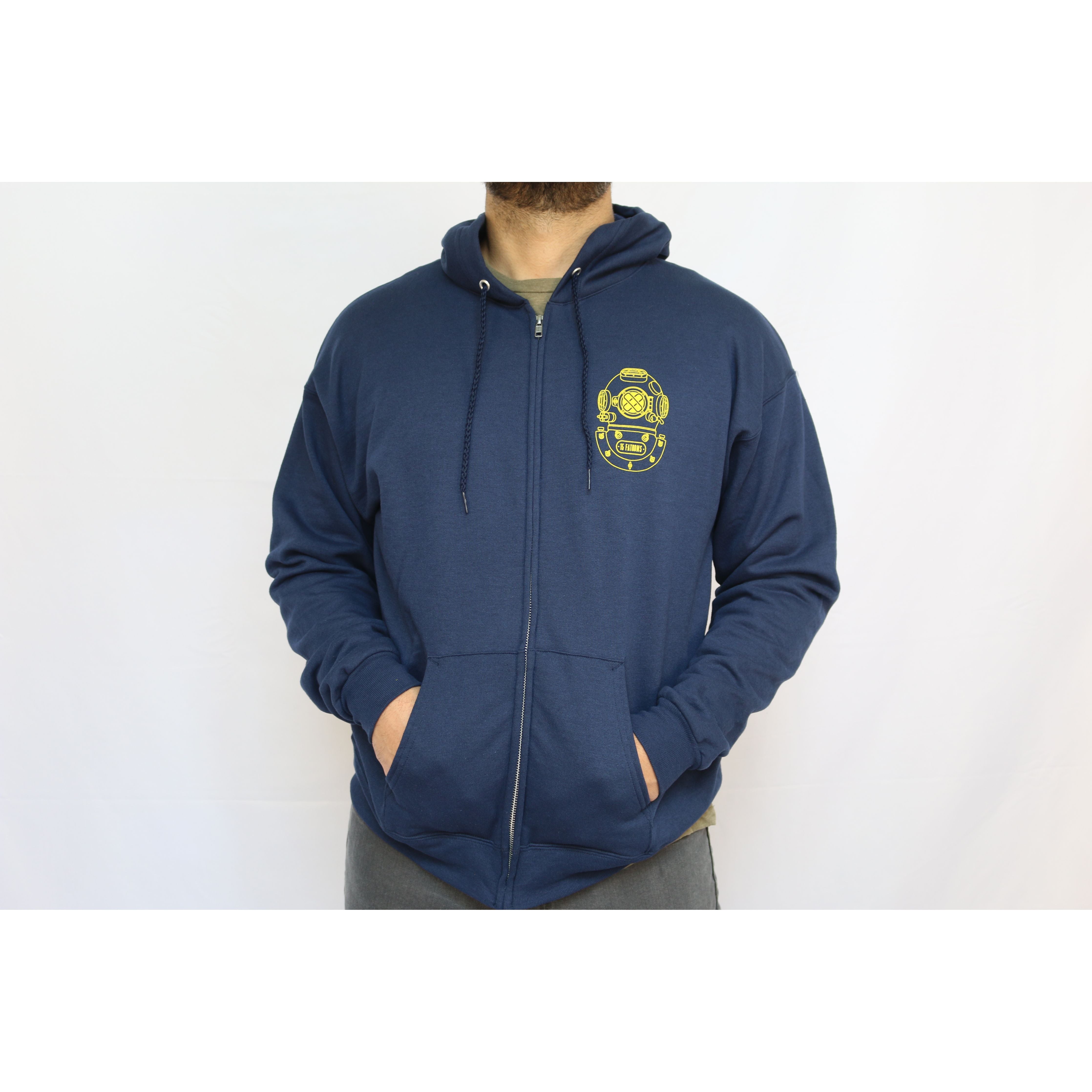 Iconic Hoodie - navy zip hoodie with gold diver helmet logo on the heart front