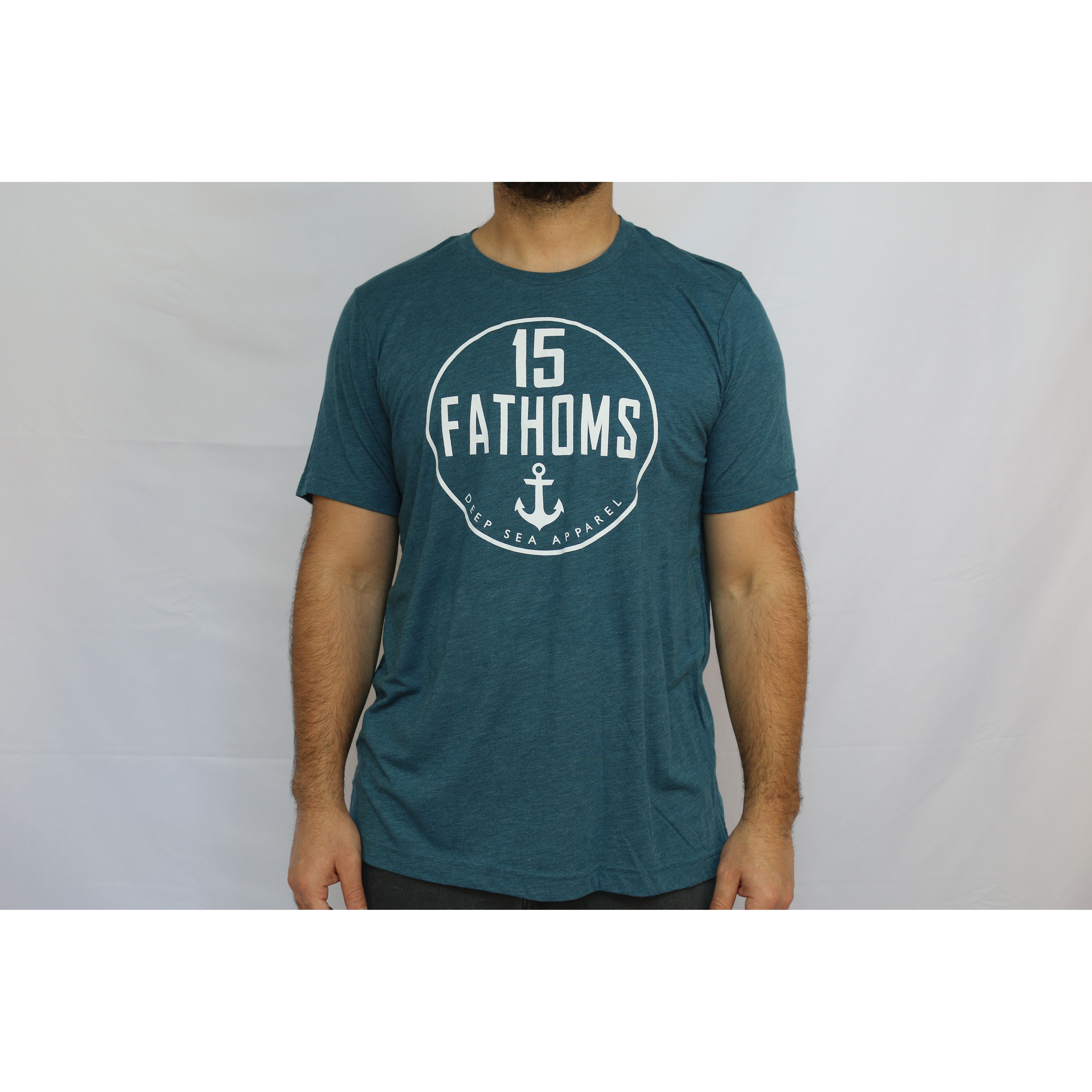 Classic White Logo - teal t-shirt with white 15 Fathoms logo on front