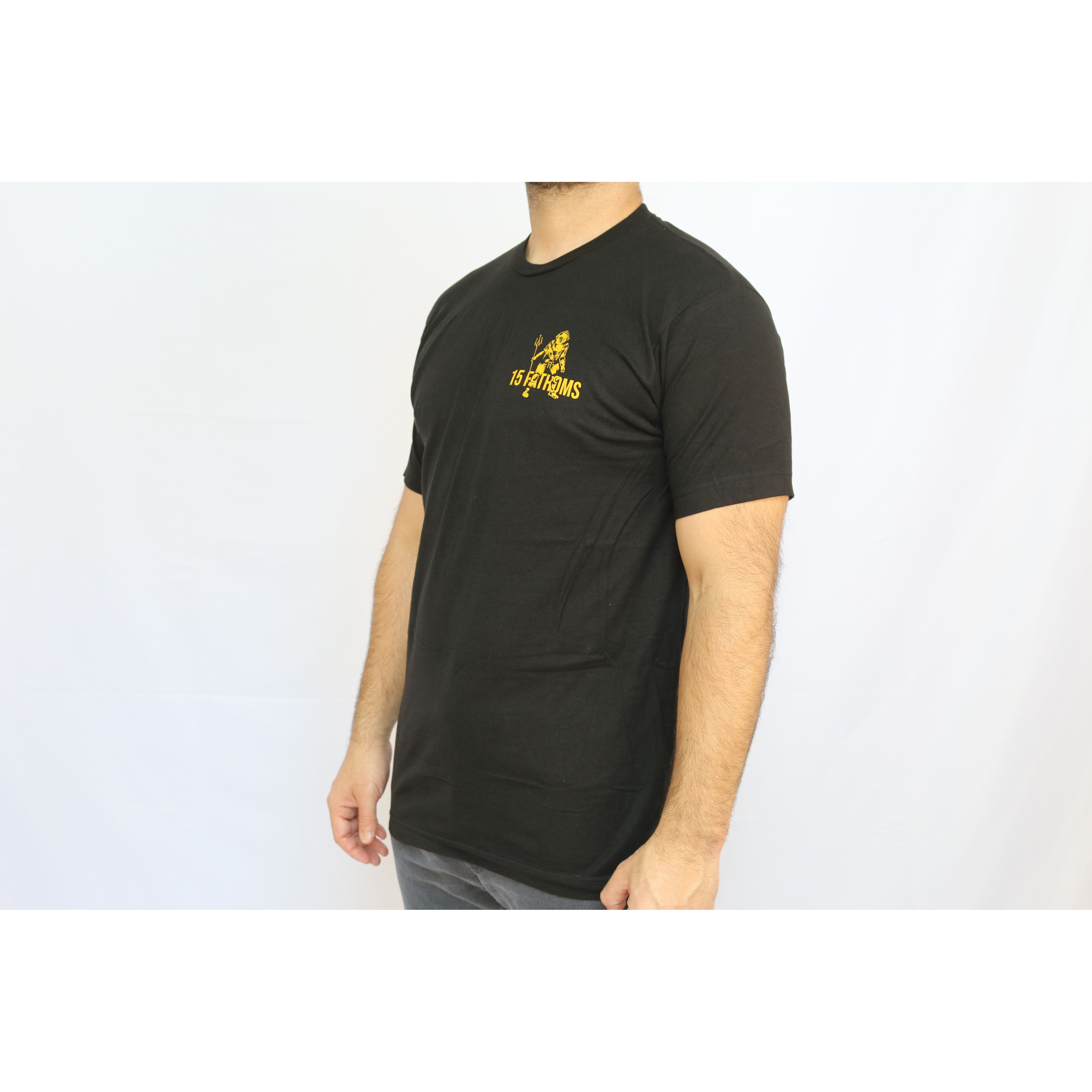 Trident Diver - black t-shirt featuring image of diver holding a trident with “15 Fathoms” text over heart, front angle