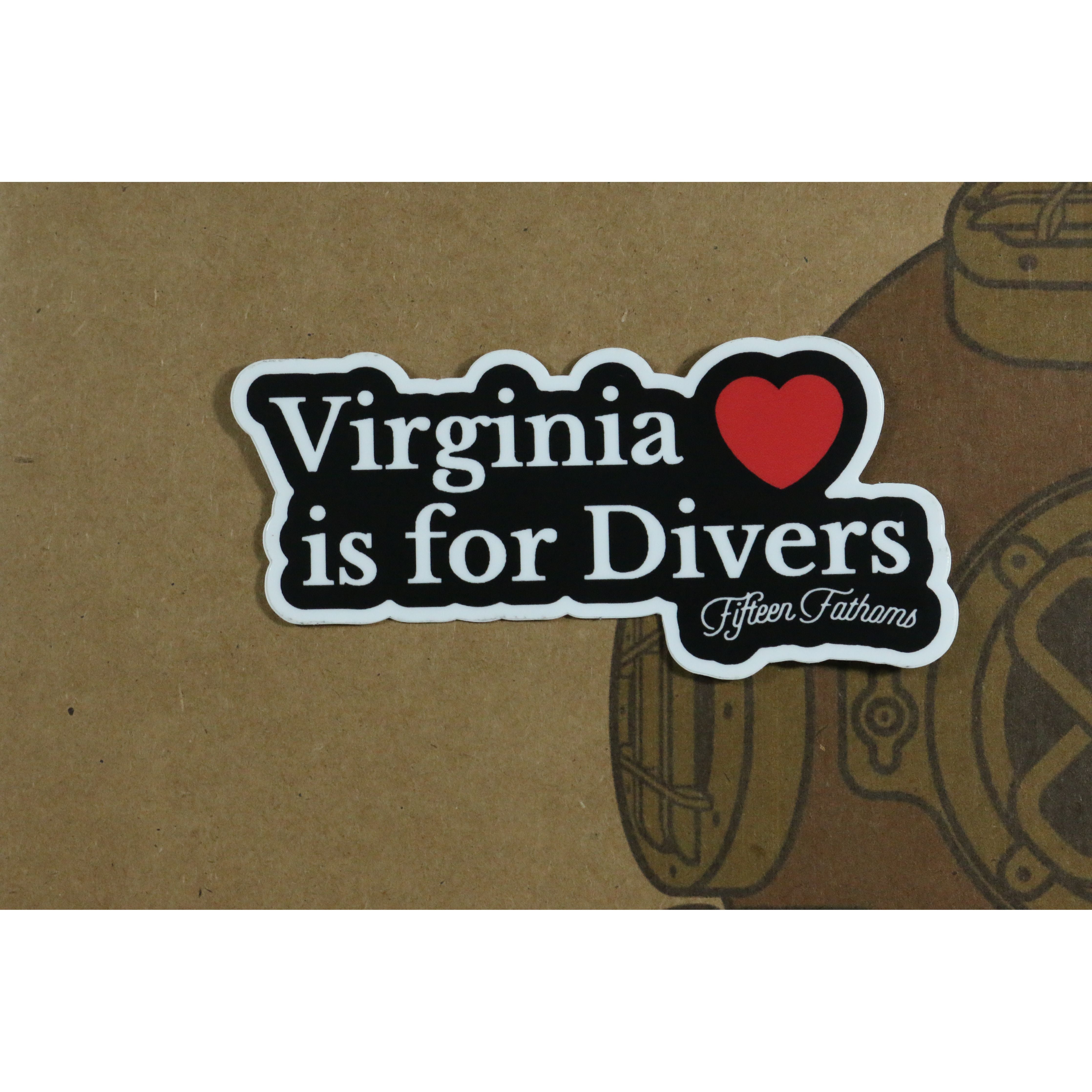 Virginia is for Divers Sticker on a surface with diver helmet logo background