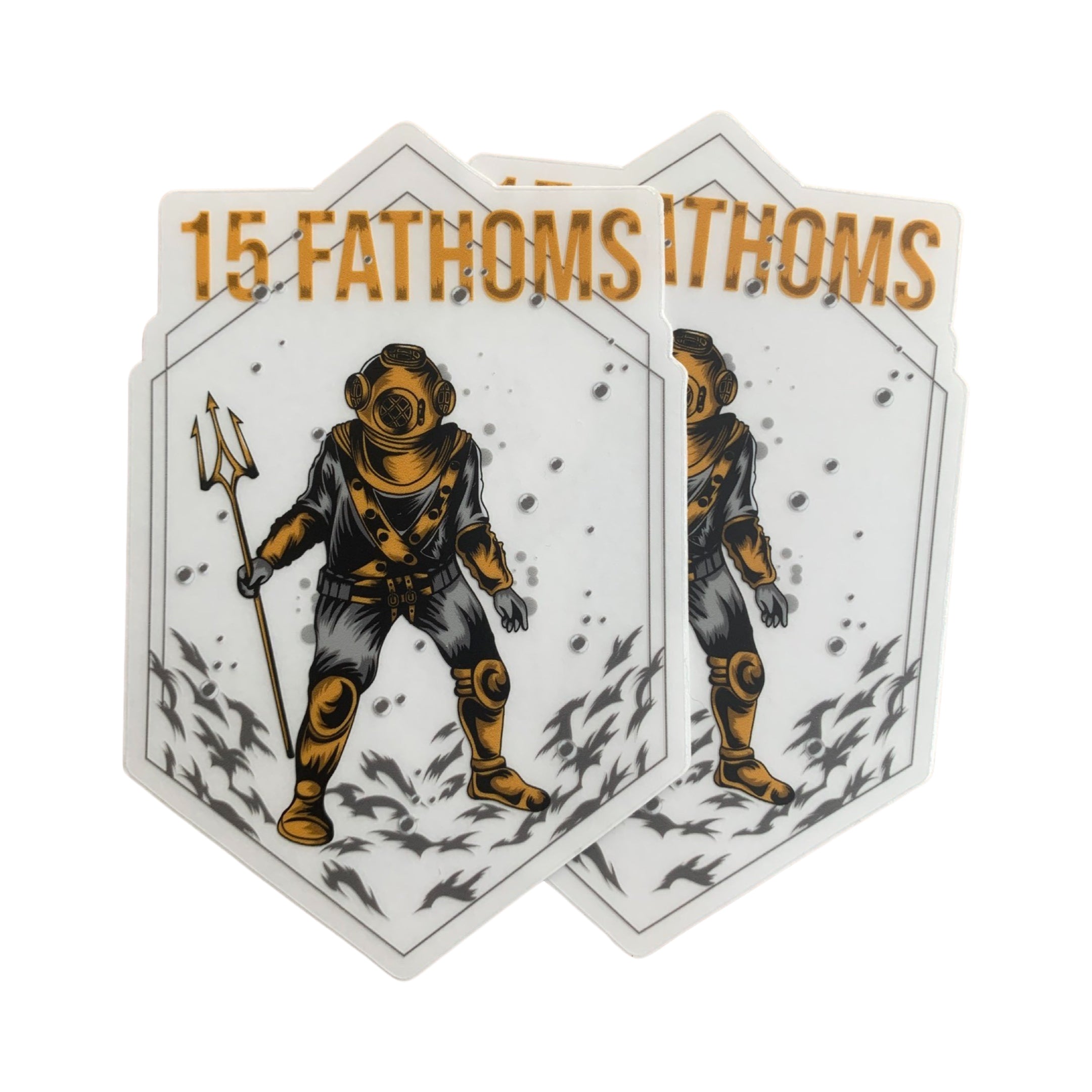Trident diver buddy pairs - two stickers of diver holding a trident with “15 Fathoms” text above