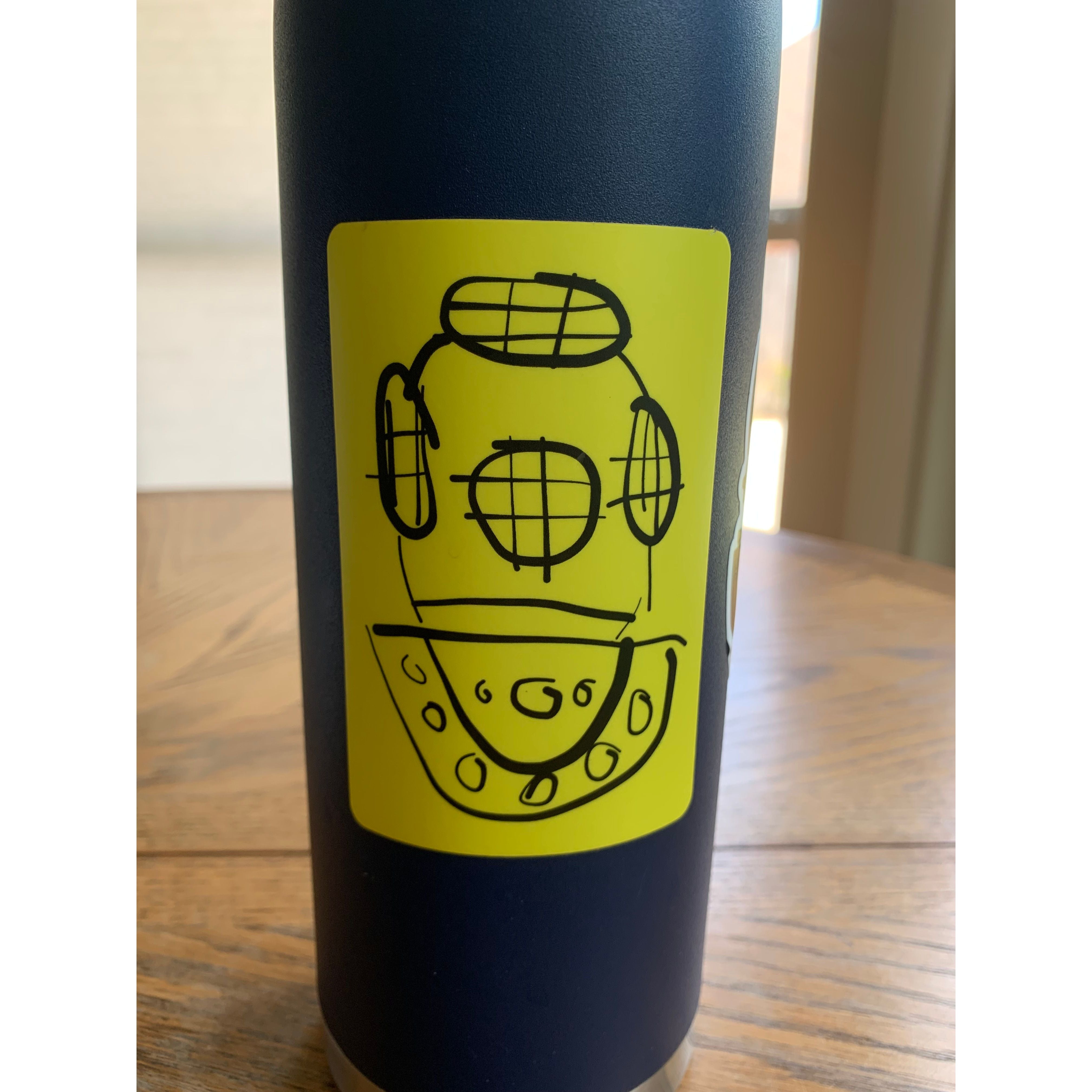 Caution Diver Buddy Pairs - bright yellow dive helmet sticker on a blue canteen