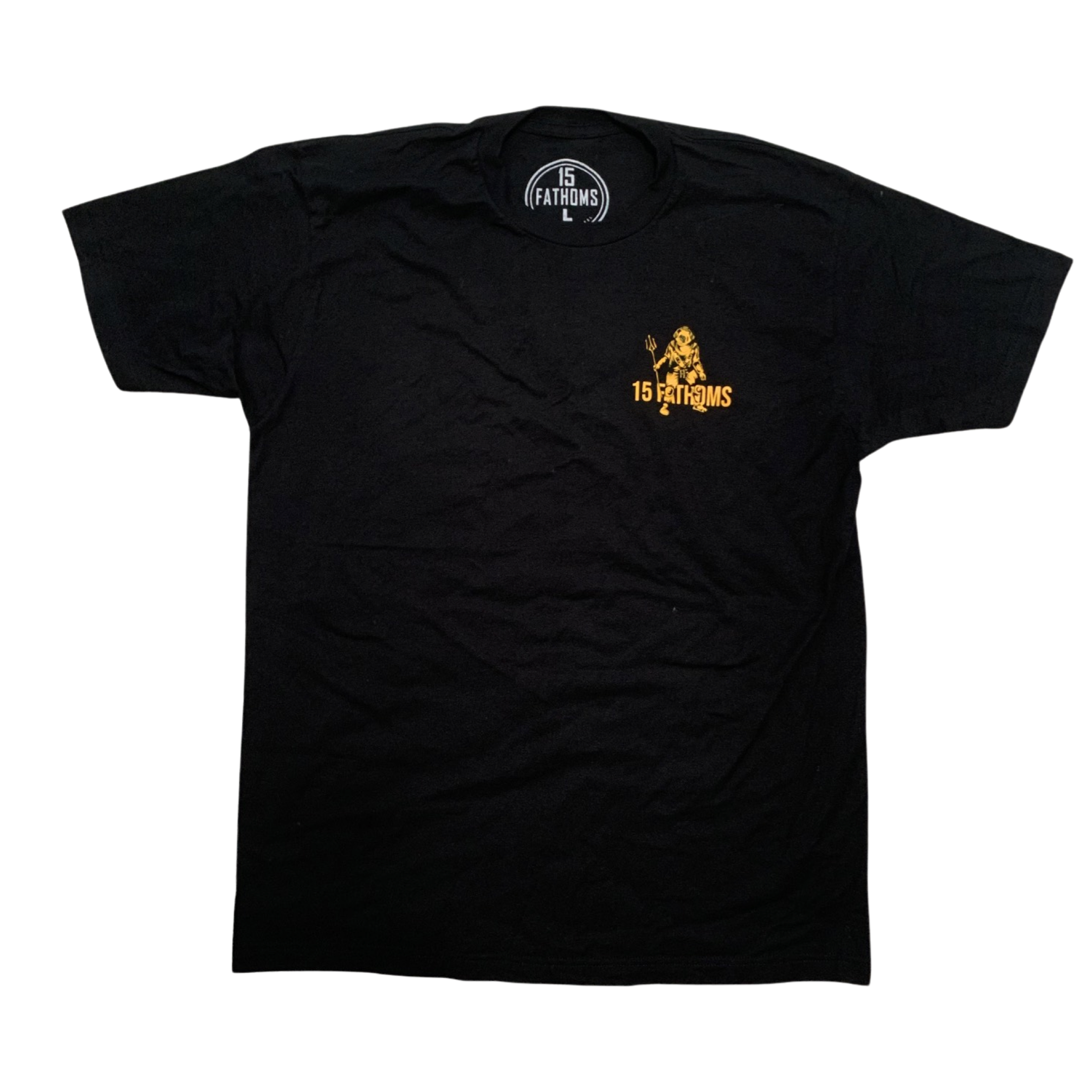Trident Diver - black t-shirt featuring image of diver holding a trident with “15 Fathoms” text over heart on white background
