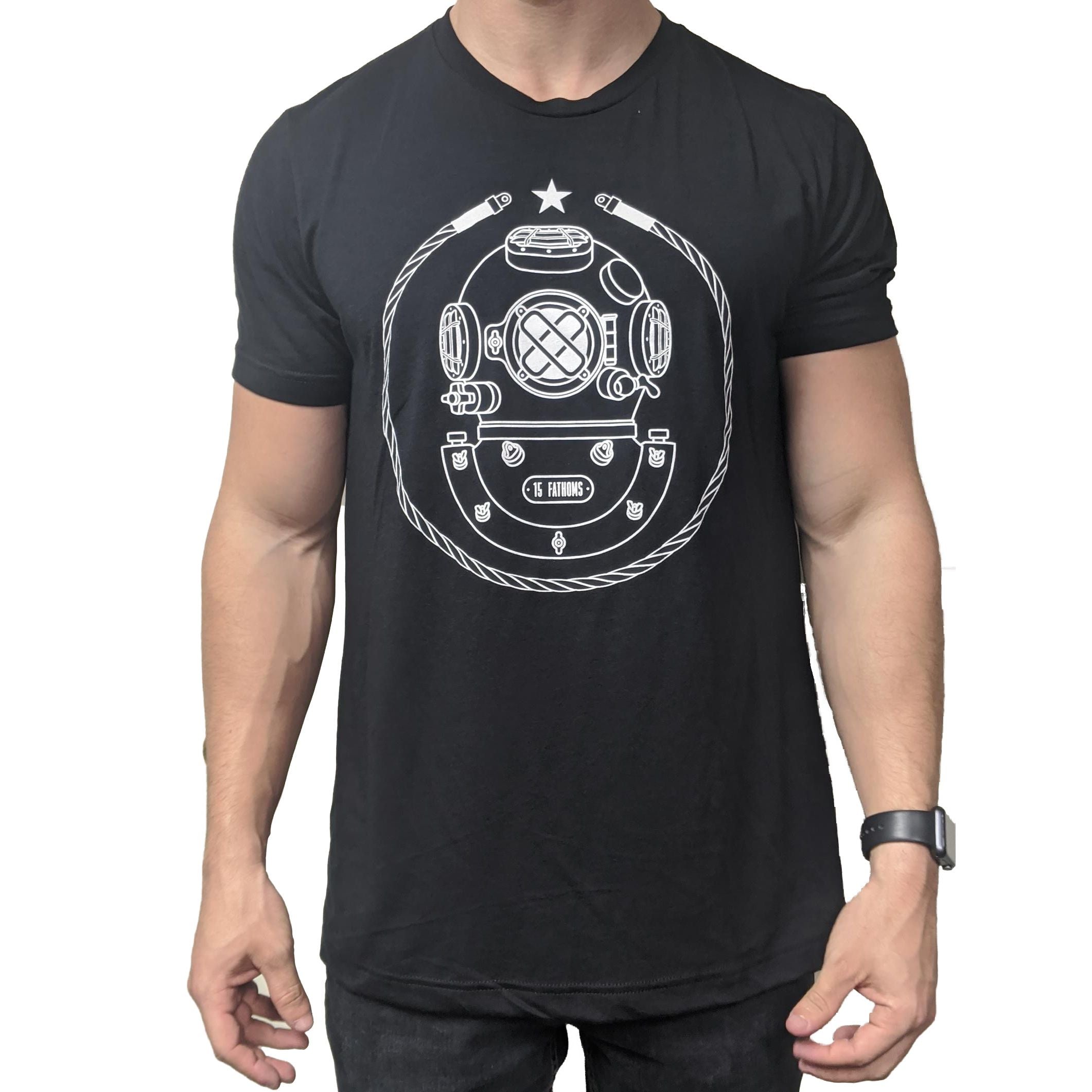Iconic MK-5 T-Shirt - black t-shirt with white diver helmet logo, model front