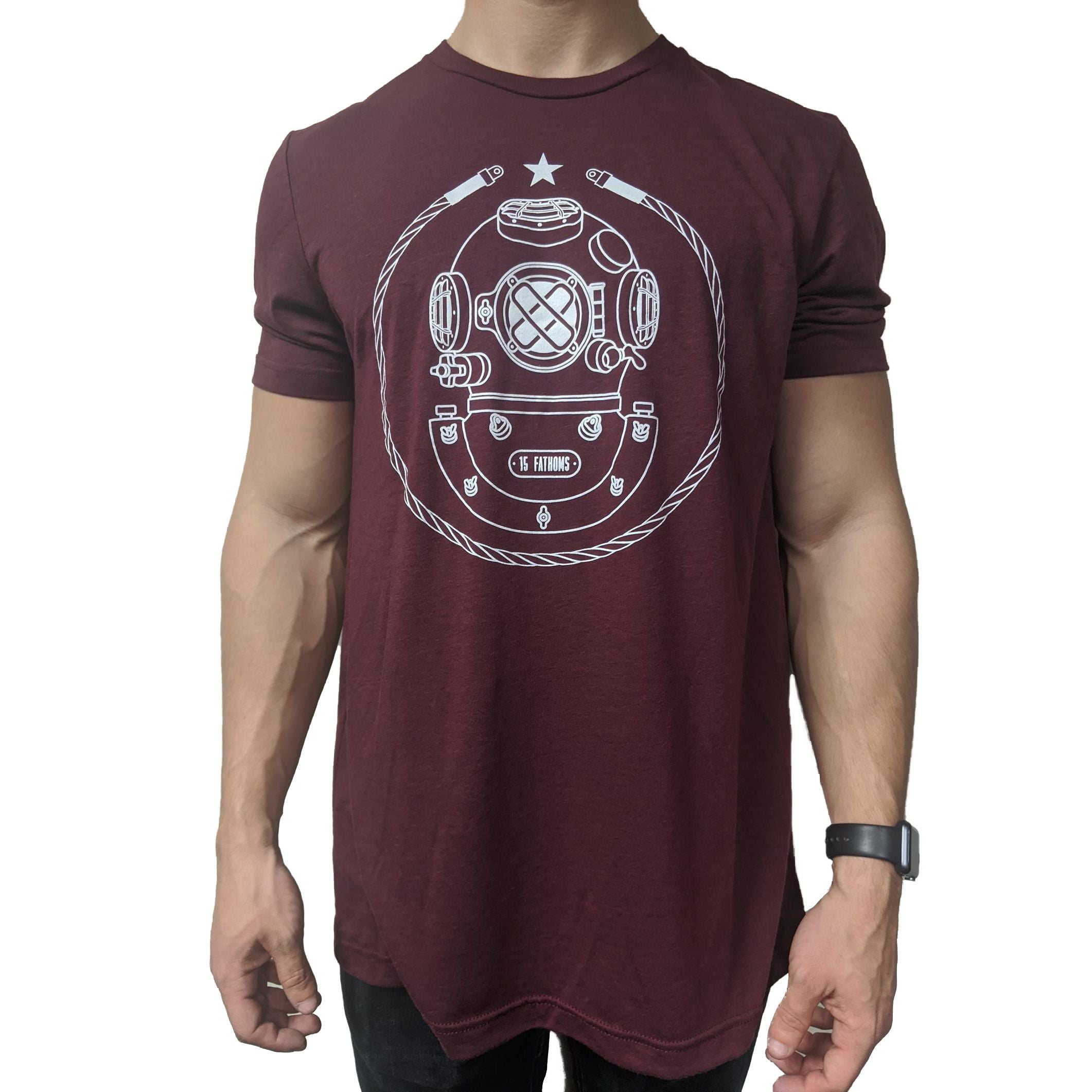 Iconic MK-5 T-Shirt - maroon t-shirt with white diver helmet logo, model front
