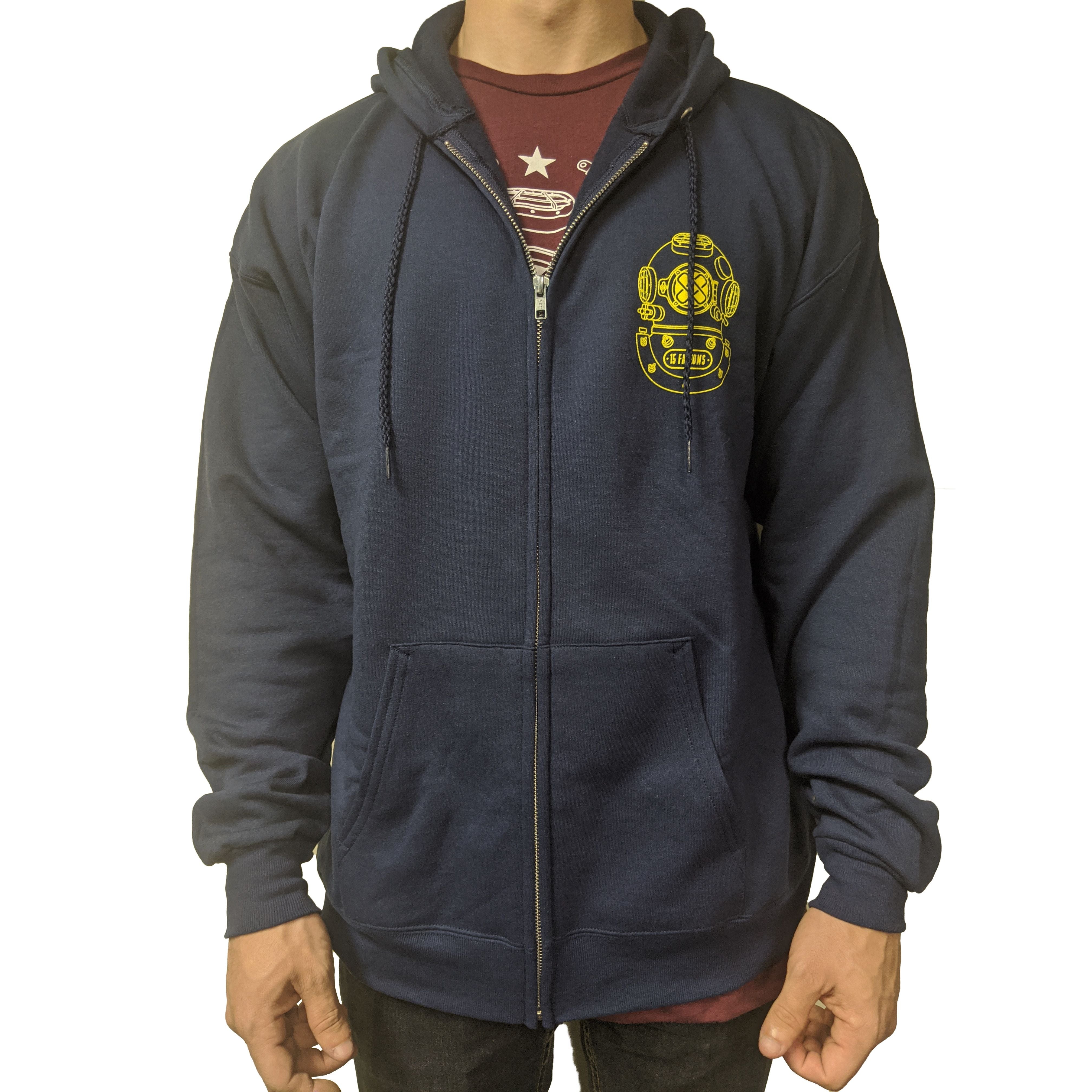 Iconic Hoodie - black zip hoodie with gold diver helmet logo on the heart front
