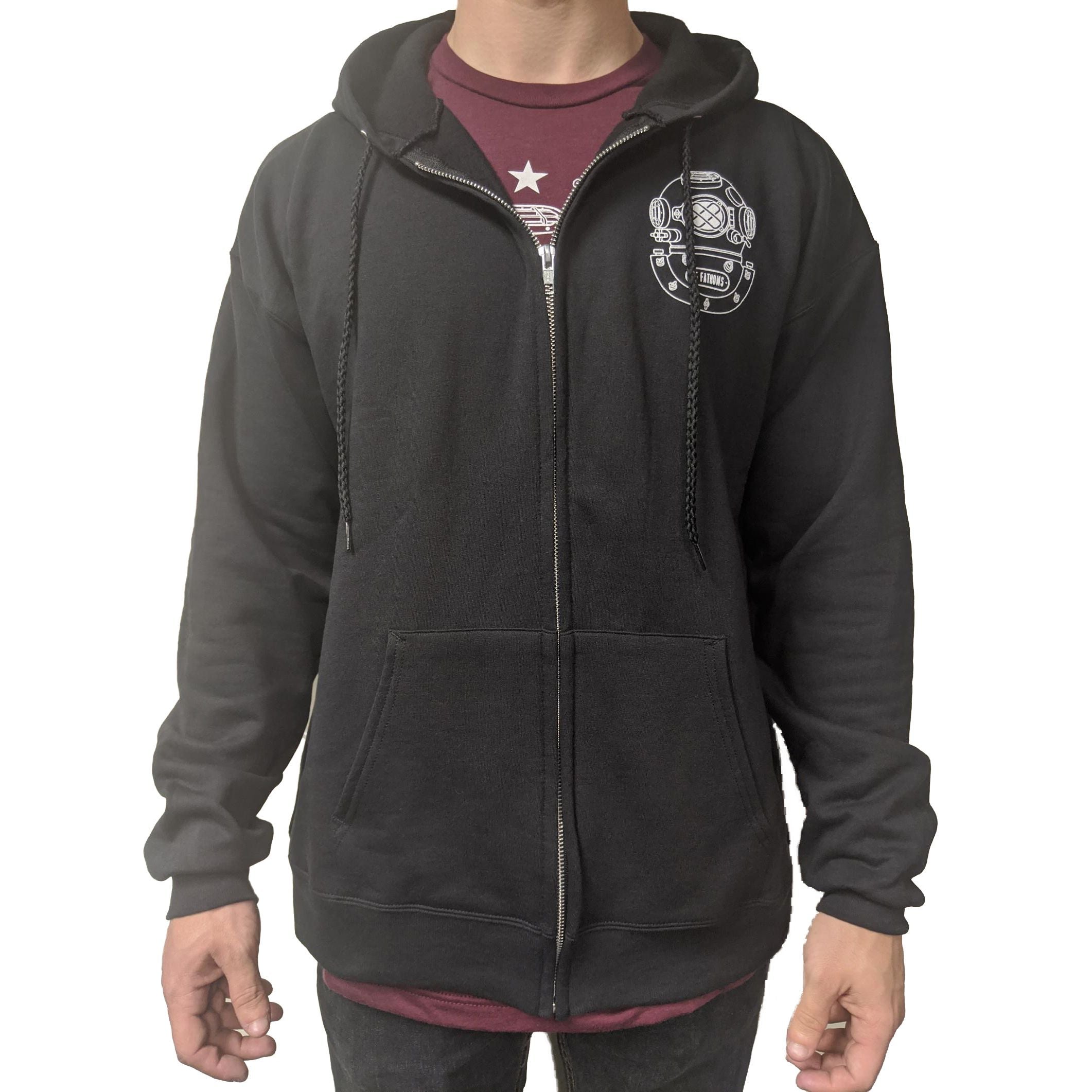 Iconic Hoodie - black zip hoodie with white diver helmet logo on the heart front