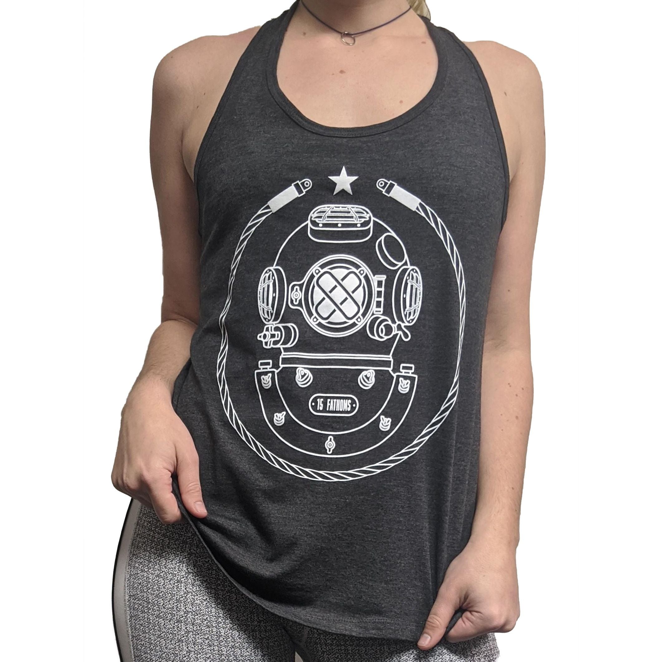 Women's Iconic MK-5 Racerback Tank Top - gray tank top with white diver helmet logo, model front