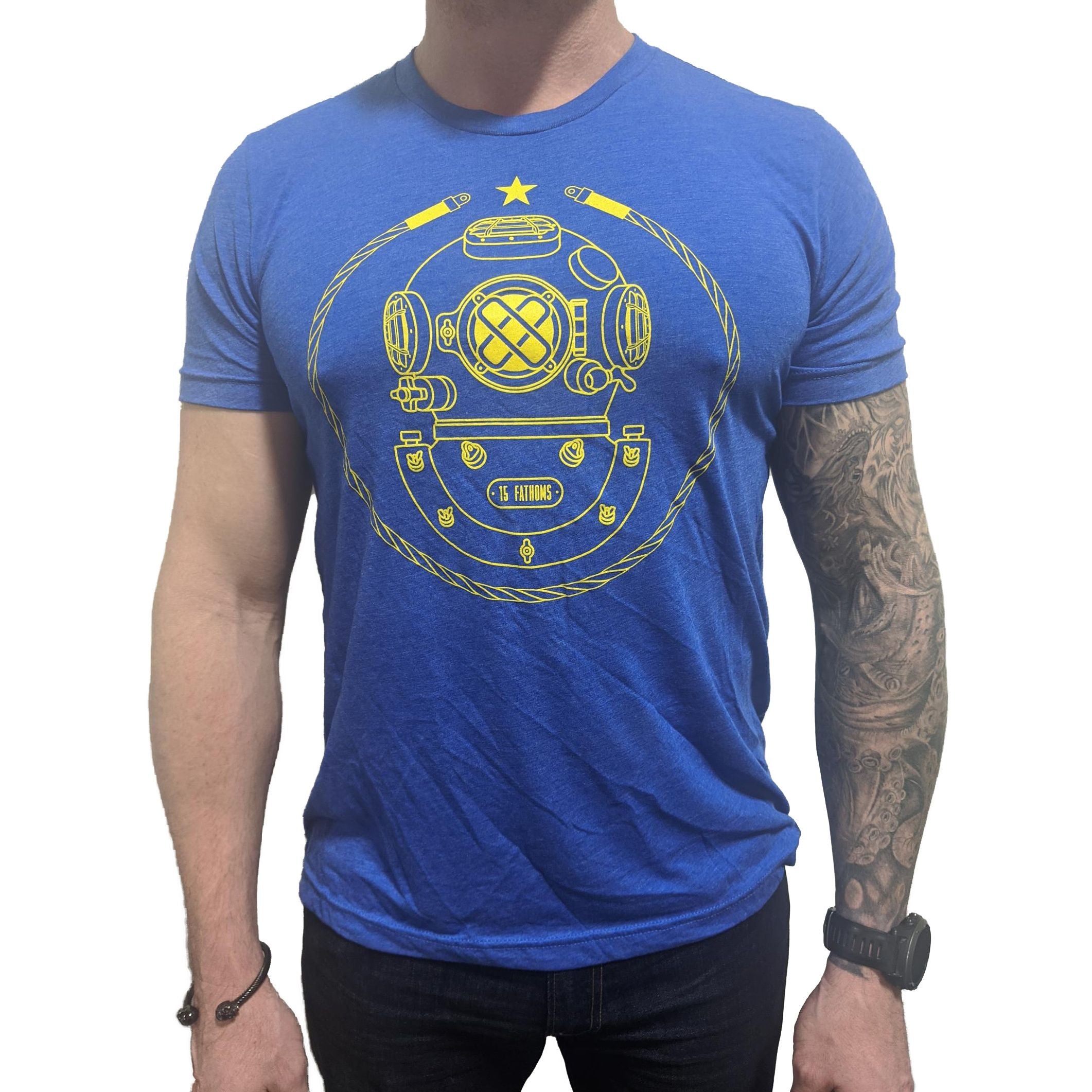 Project Aware Iconic - blue t-shirt with gold diver helmet logo on front