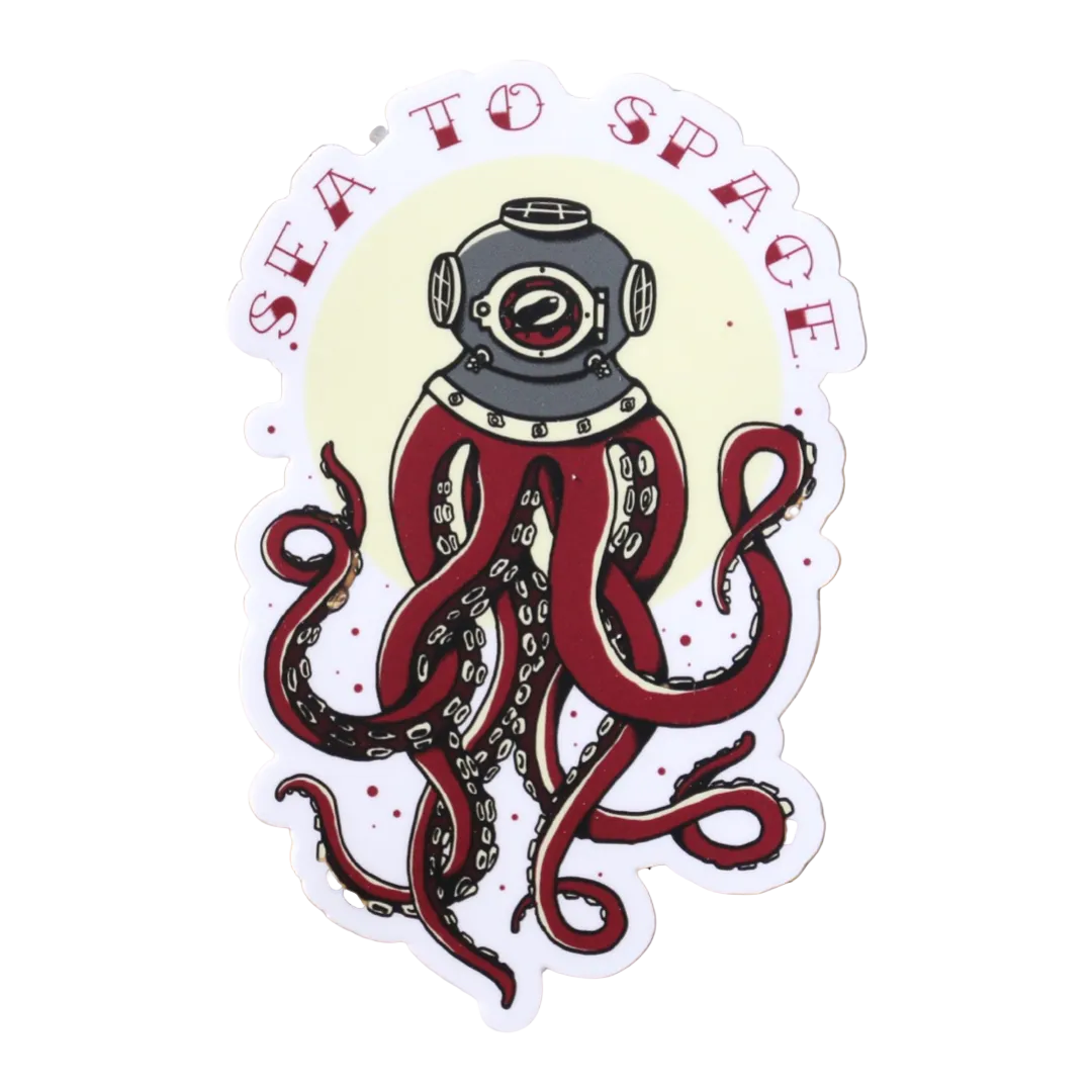 Sea to Space Sticker – sticker of dive helmet with tentacles and “Sea to Space” text above on a wooden background