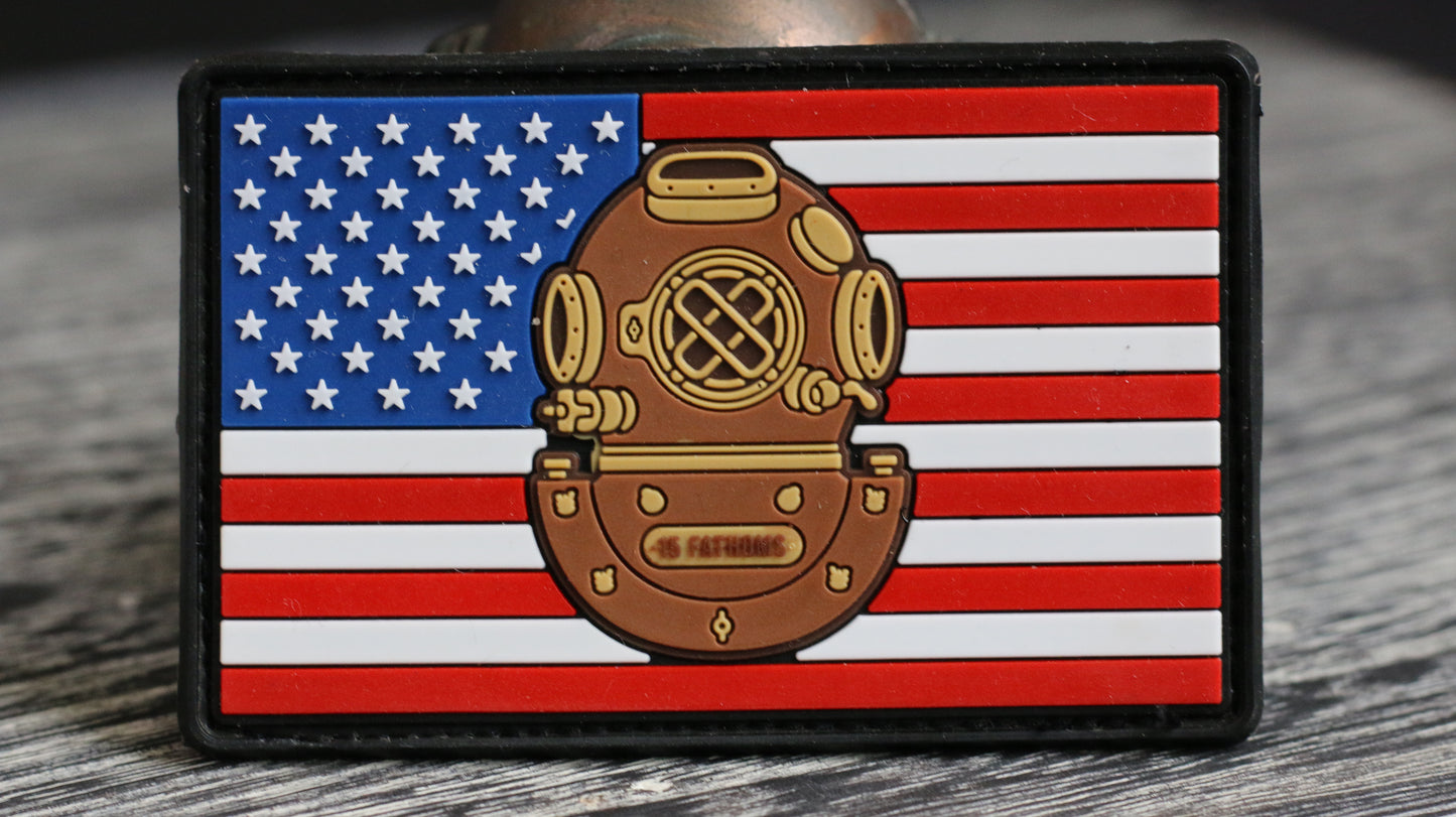 Our new American flag patch is here to stay. Its patriotic and features out Mark-5 diving helmet. grab one today!