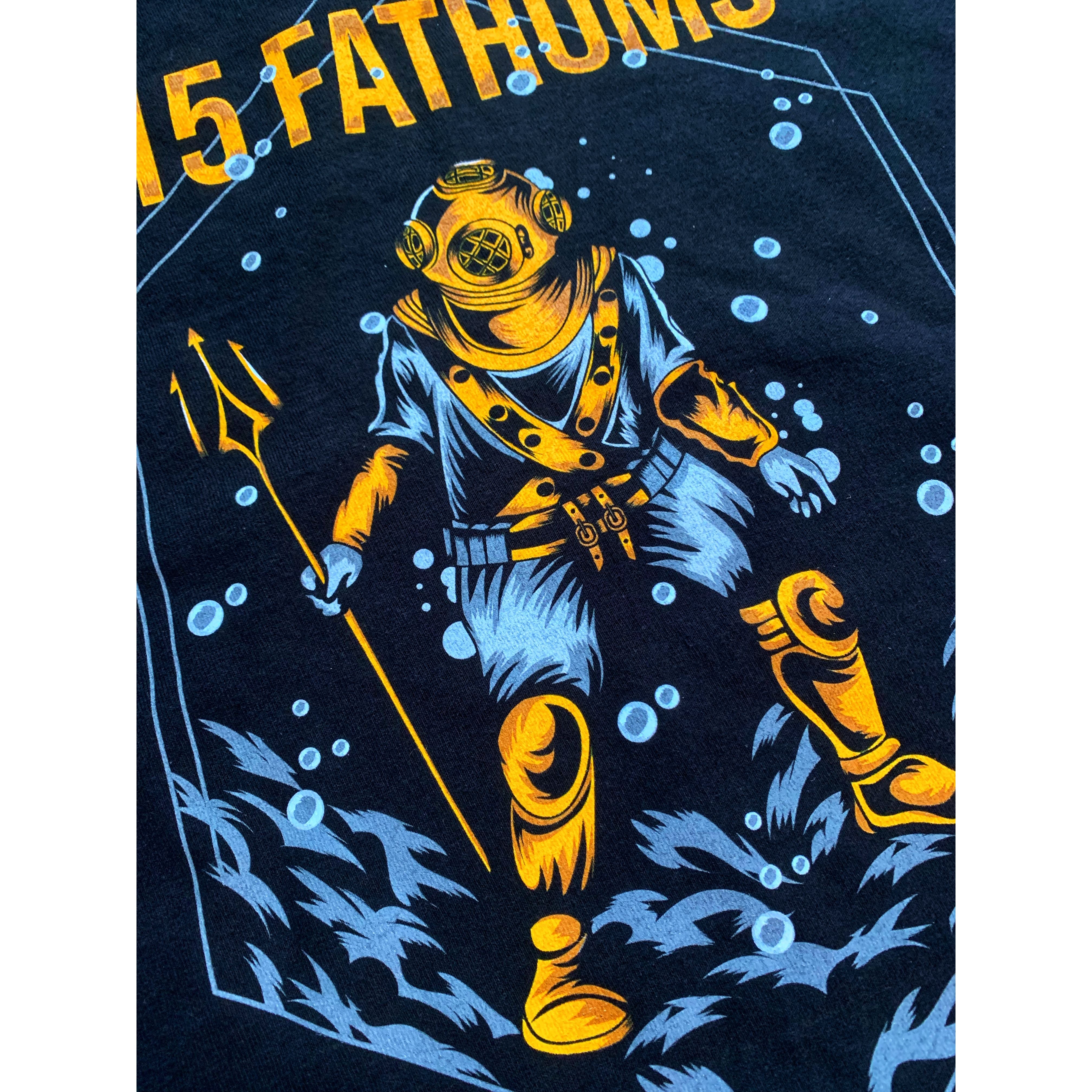 Trident Diver - close up of image of diver holding a trident with “15 Fathoms” text above