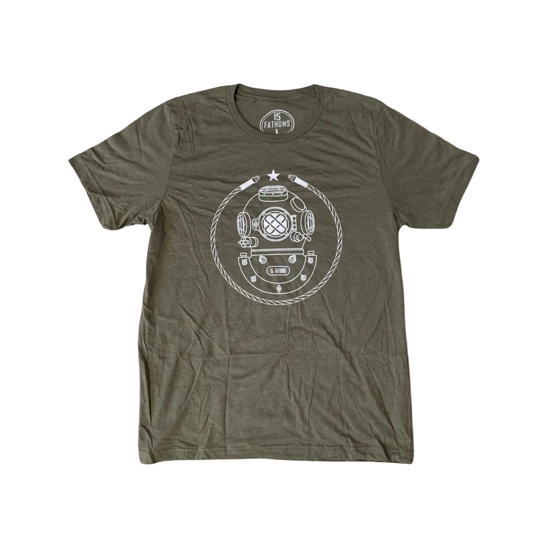 Iconic MK-5 T-shirt - olive t-shirt with white diver helmet logo on front