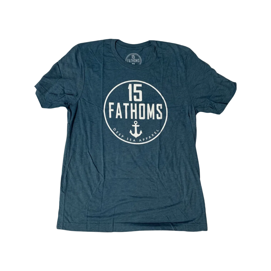 Classic White Logo - teal t-shirt with white 15 Fathoms logo on front