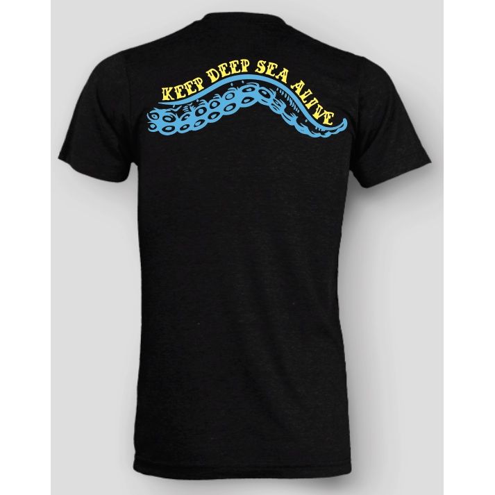 Kraken - black t-shirt with blue tentacle across the back and "Keep Deep Sea Alive" text along the top over white background