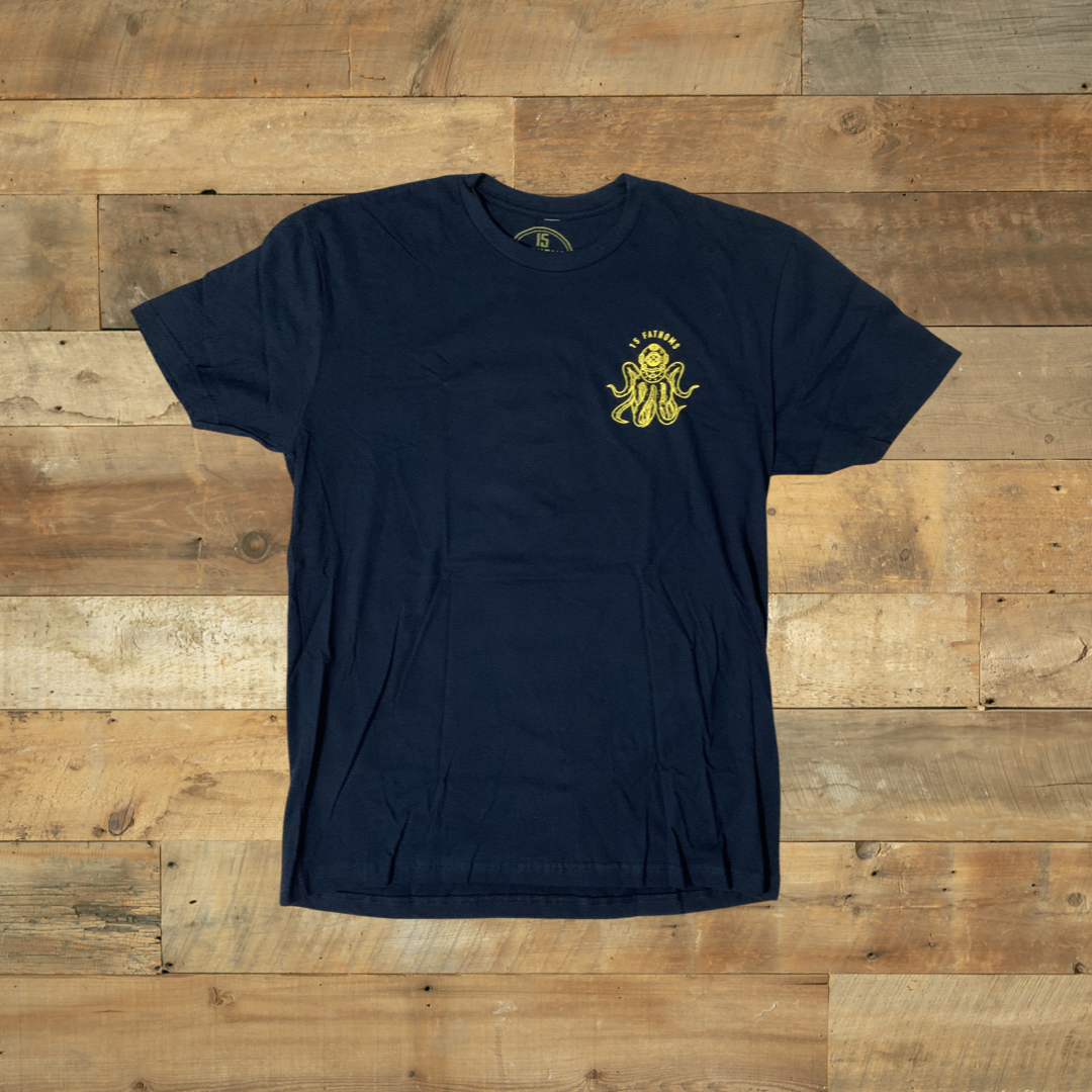 Dive Bar - black t-shirt featuring dive helmet with tentacles logo on the heart front