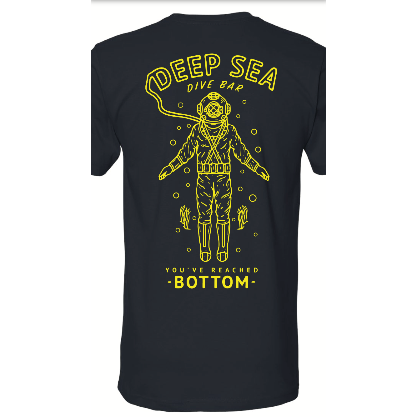 Dive Bar - black t-shirt featuring diver standing on the sea floor with "Deep Sea Dive Bar You've Reached the Bottom" text on back