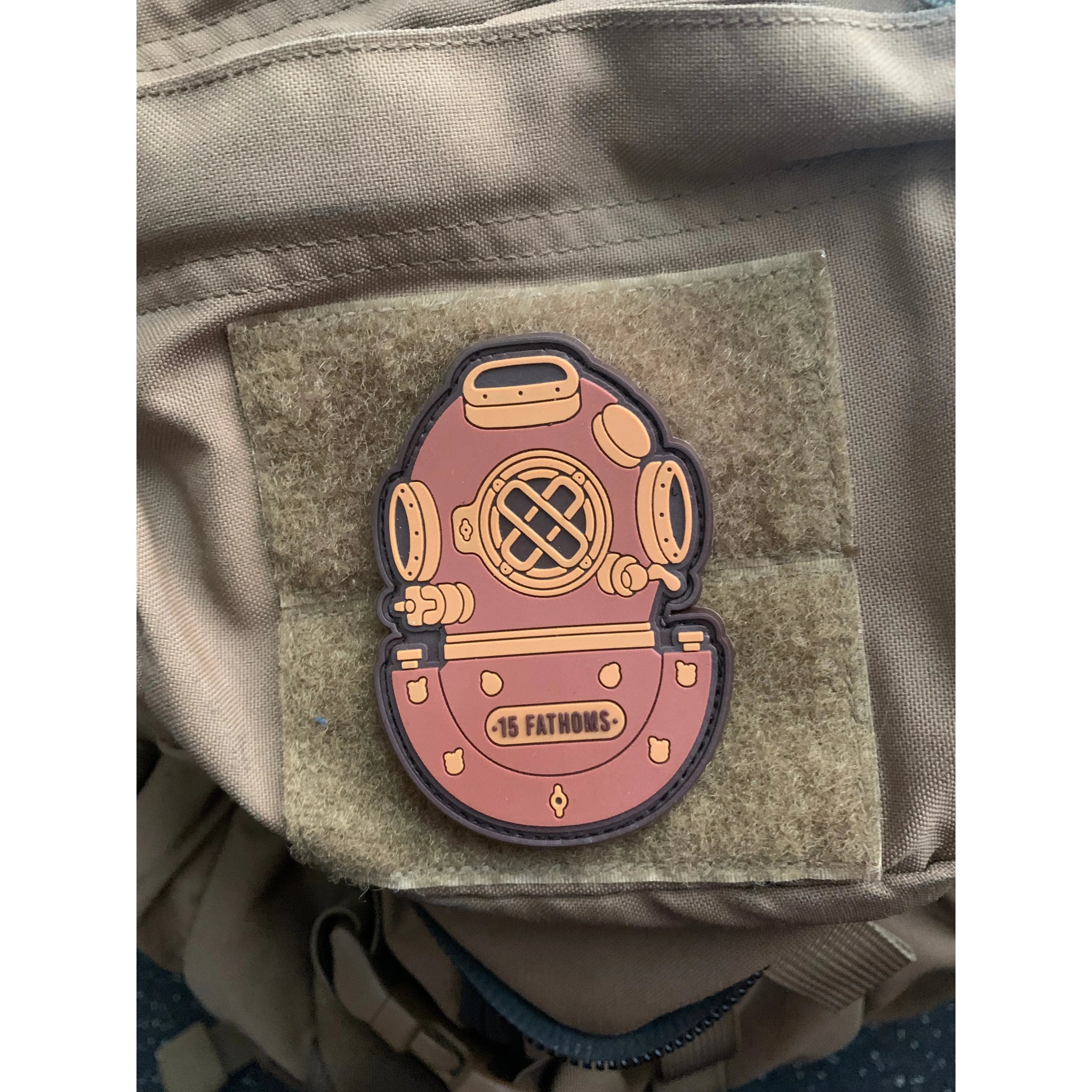 Mark-5 Patch - dive helmet with “15 Fathoms” text on base of helmet, made from PVC with velcro backing, placed on velcro bag