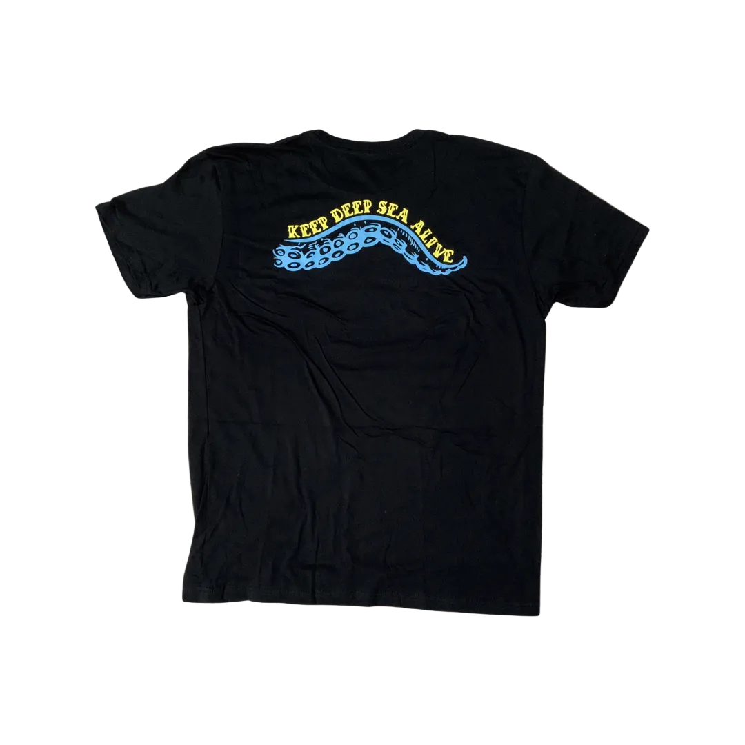 Kraken - black t-shirt with blue tentacle across the back and "Keep Deep Sea Alive" text along the top