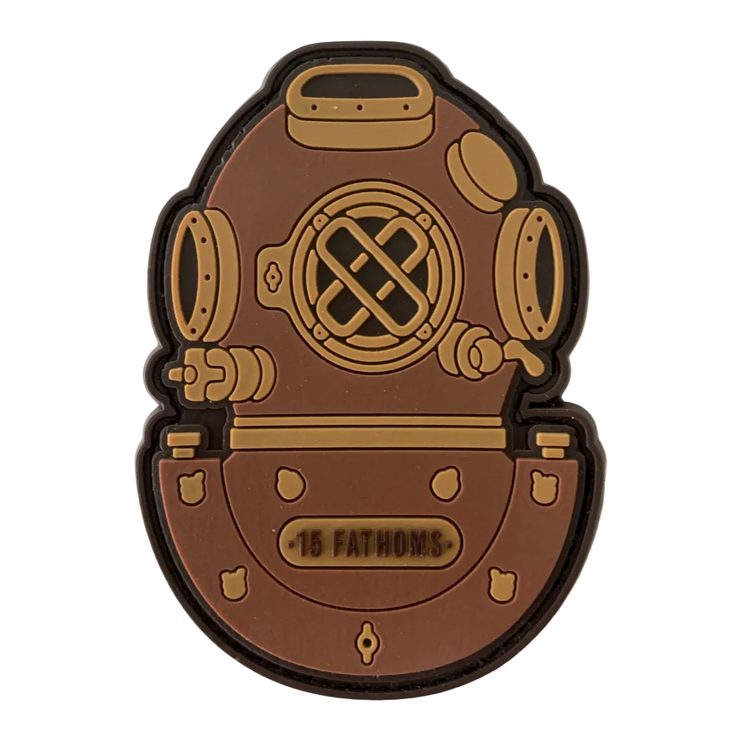 Mark-5 Patch - dive helmet with “15 Fathoms” text on base of helmet, made from PVC with velcro backing