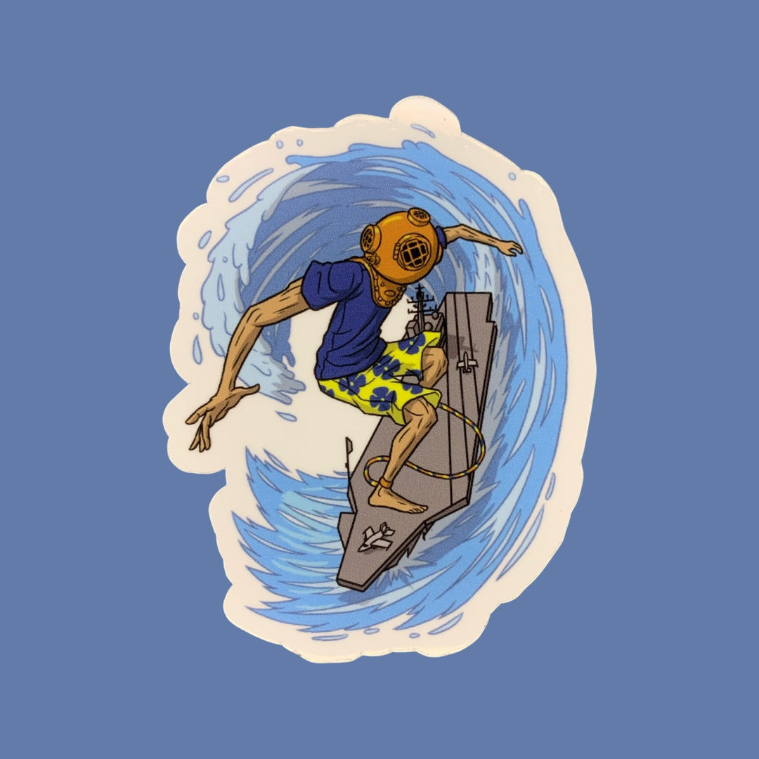 Illustration of a surfer with a diving helmet surfing a wave on an aircraft carrier surf board