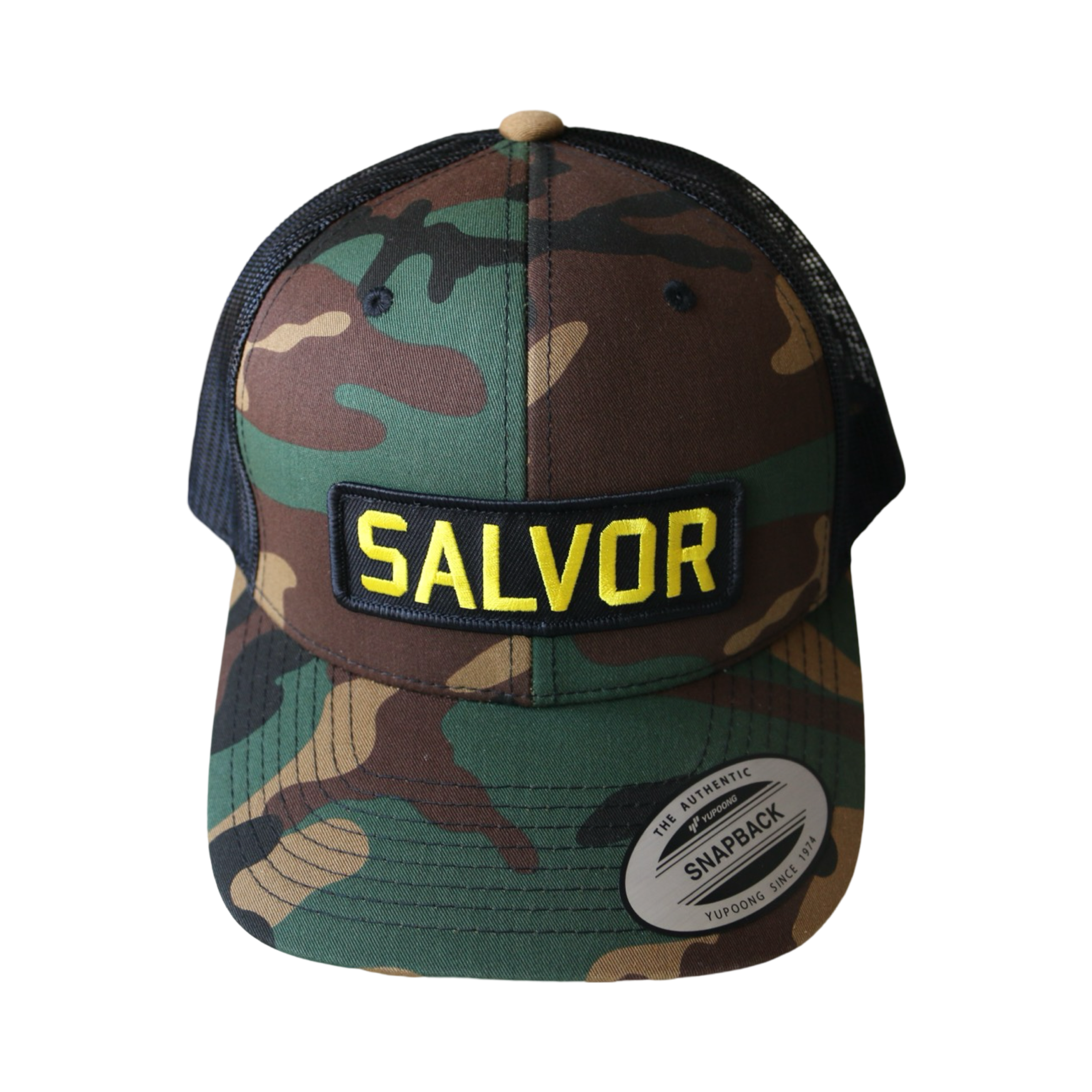 Salvor Hat - top view camouflage Flexfit trucker cap with 'SALVOR' text embroidered on the front