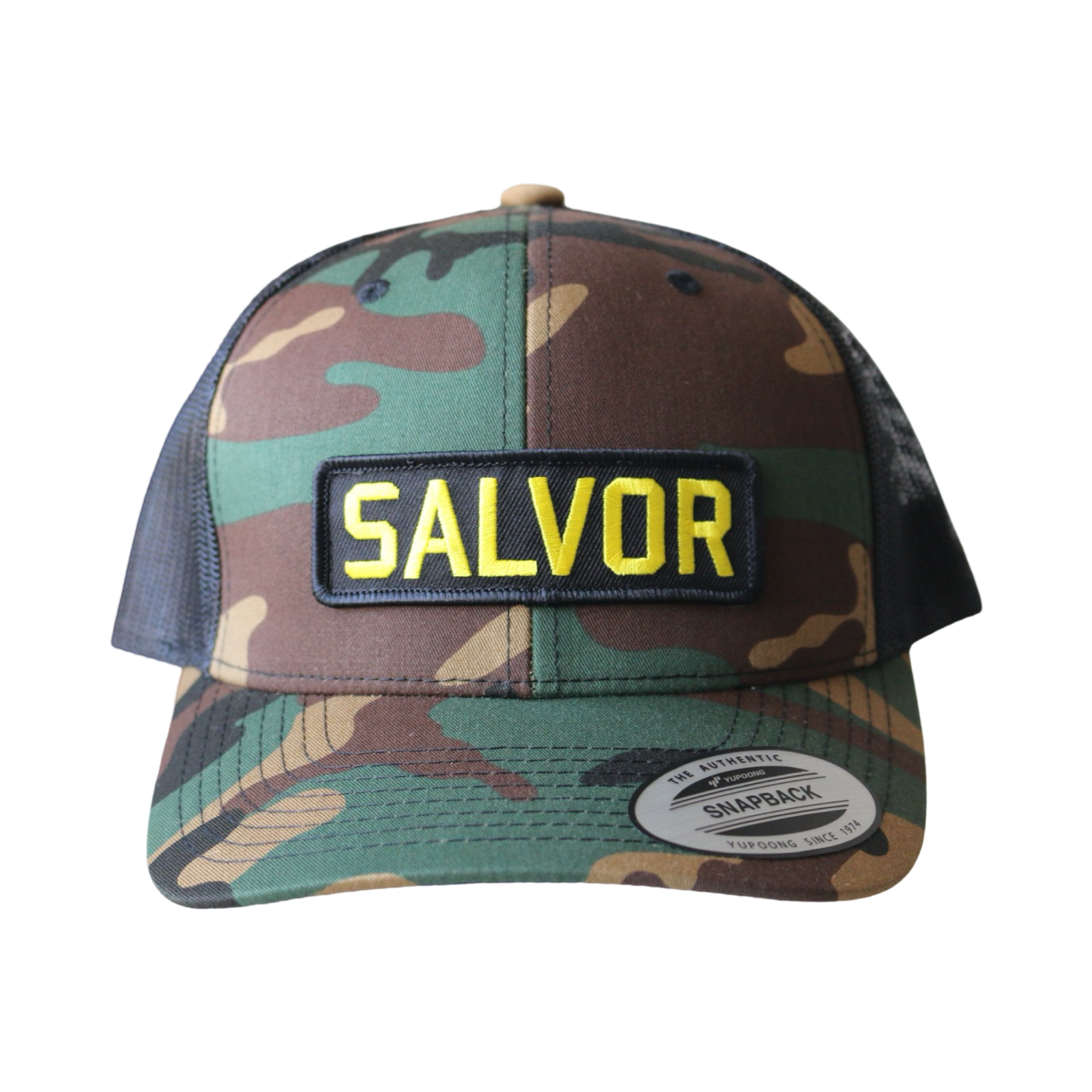 Salvor Hat - camouflage Flexfit trucker cap with 'SALVOR' text embroidered on the front