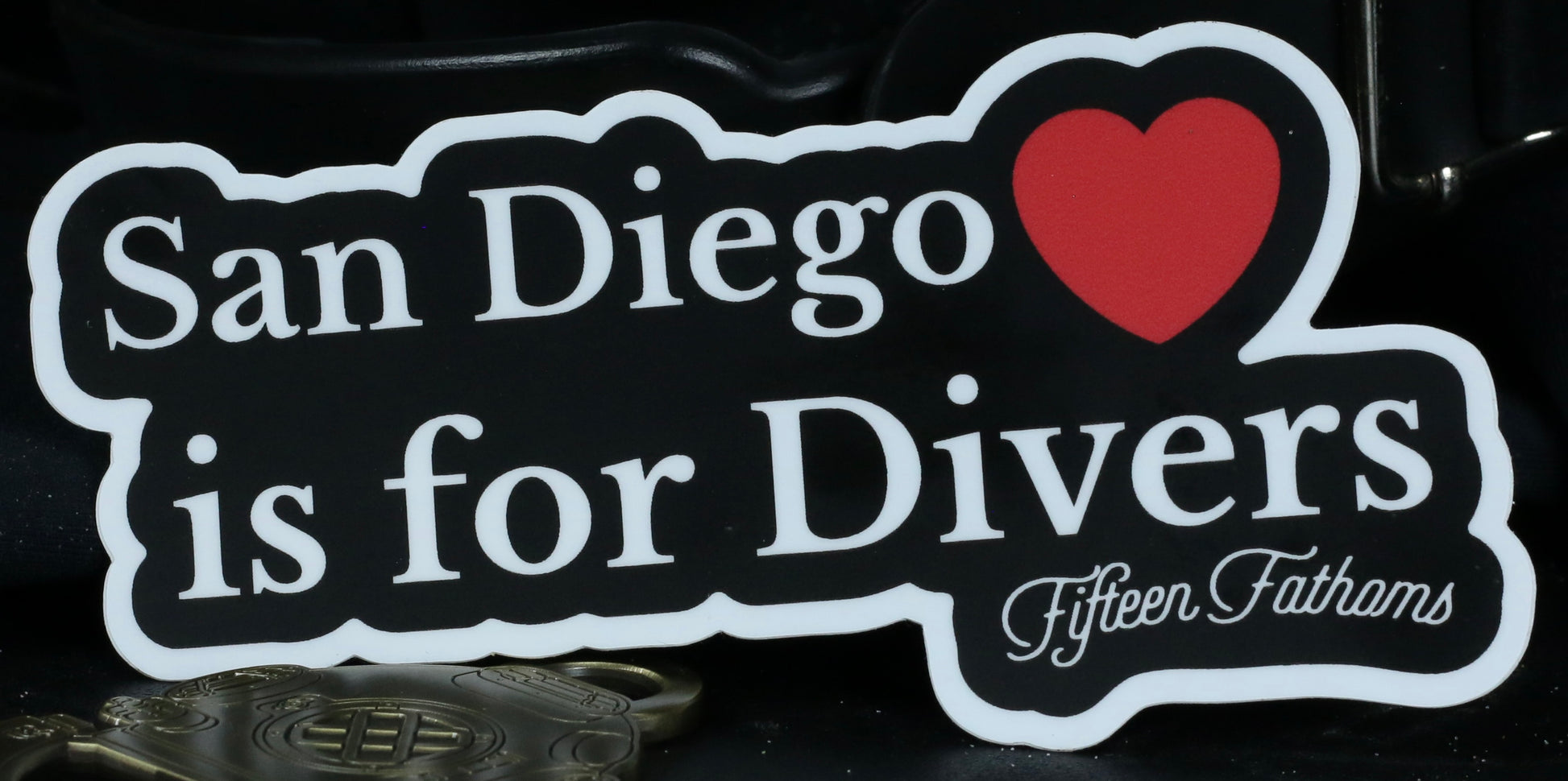 Inspired by the classic "Virginia is for lovers" slogan, this new sticker is for all of our San Diego divers.  Show your love for America's Finest City, and the home of 15 Fathoms.    Length: 5 inches  Height: 2.5 inches