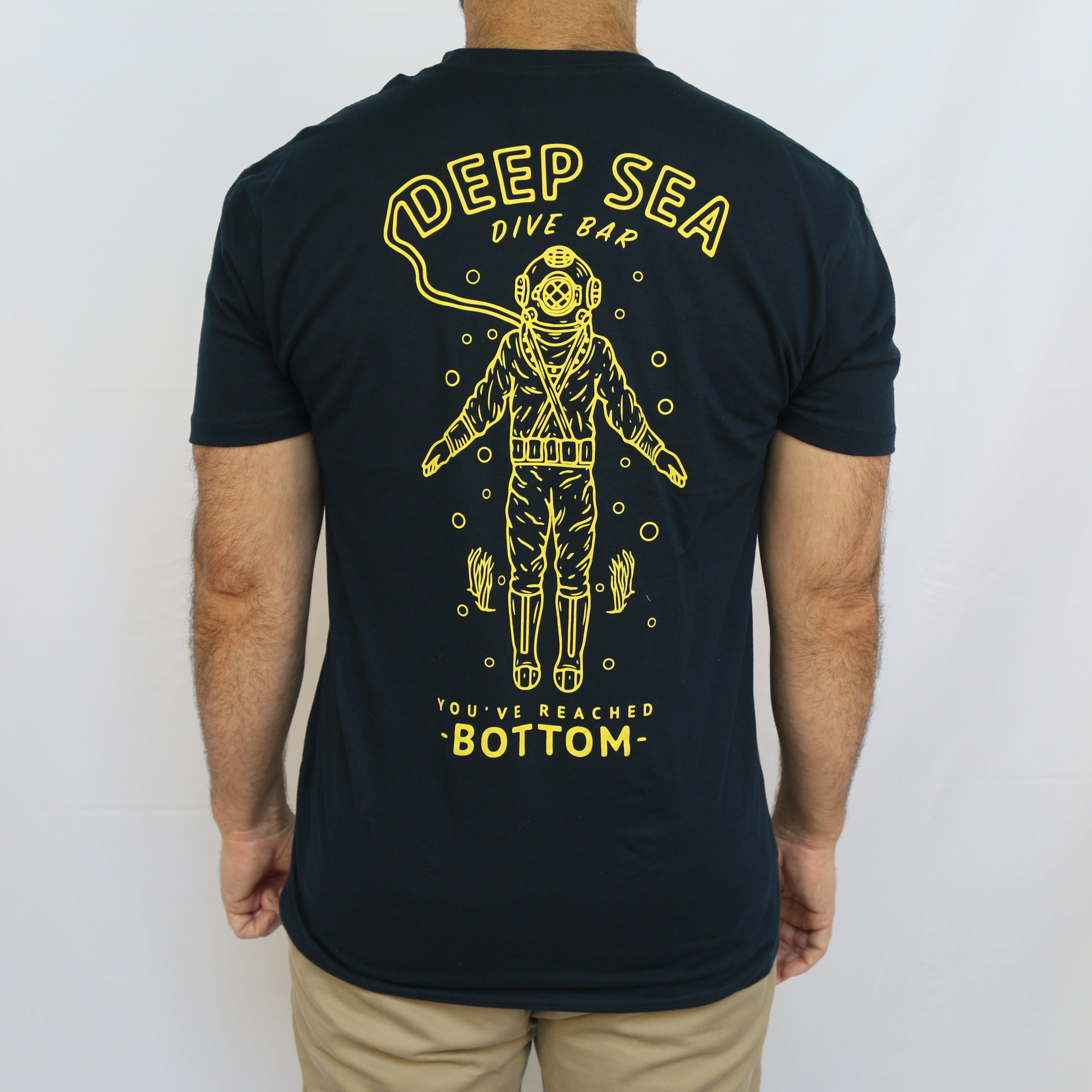 Dive Bar - black t-shirt featuring diver standing on the sea floor with "Deep Sea Dive Bar You've Reached the Bottom" text on back