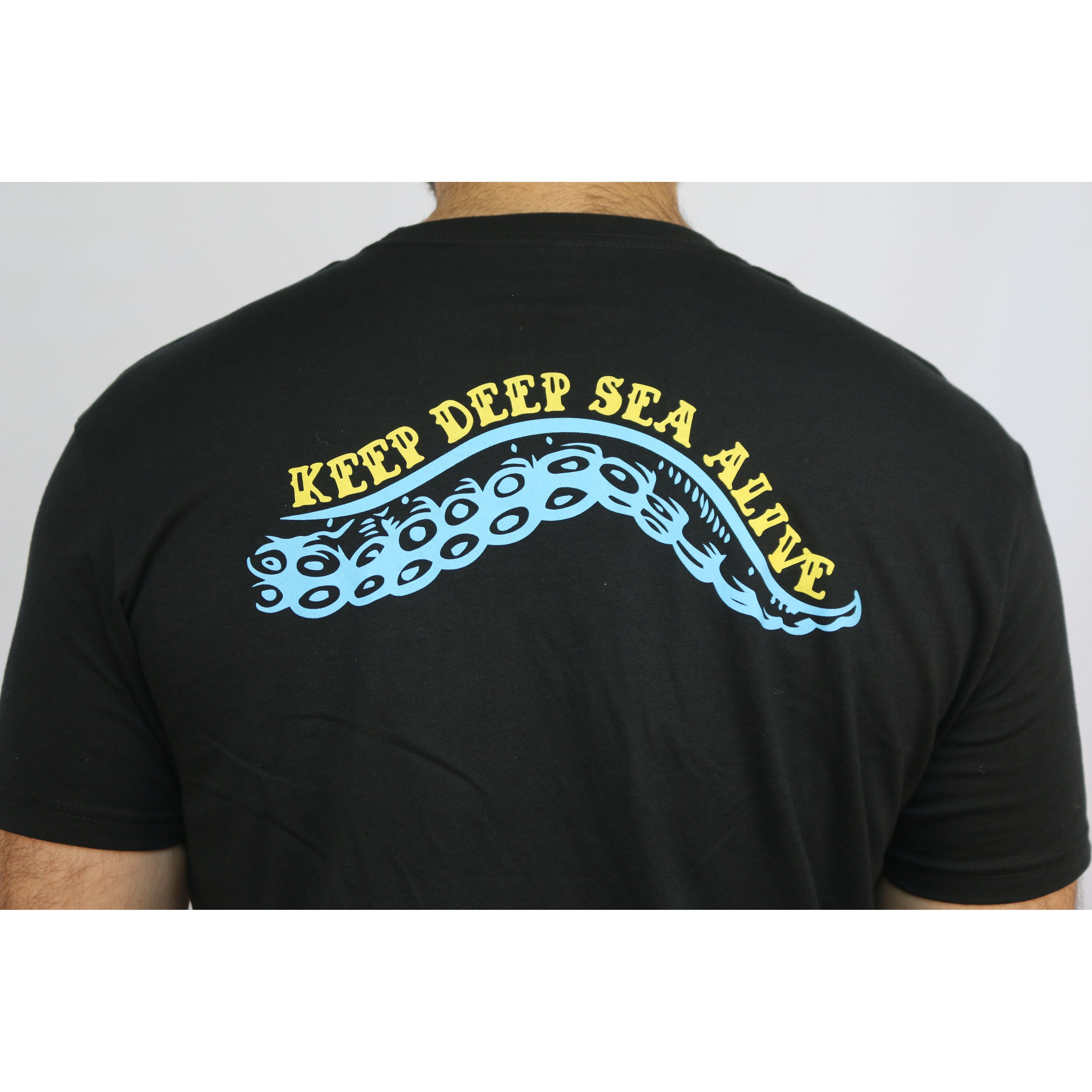 Kraken - close up of black t-shirt with blue tentacle across the back and "Keep Deep Sea Alive" text along the top