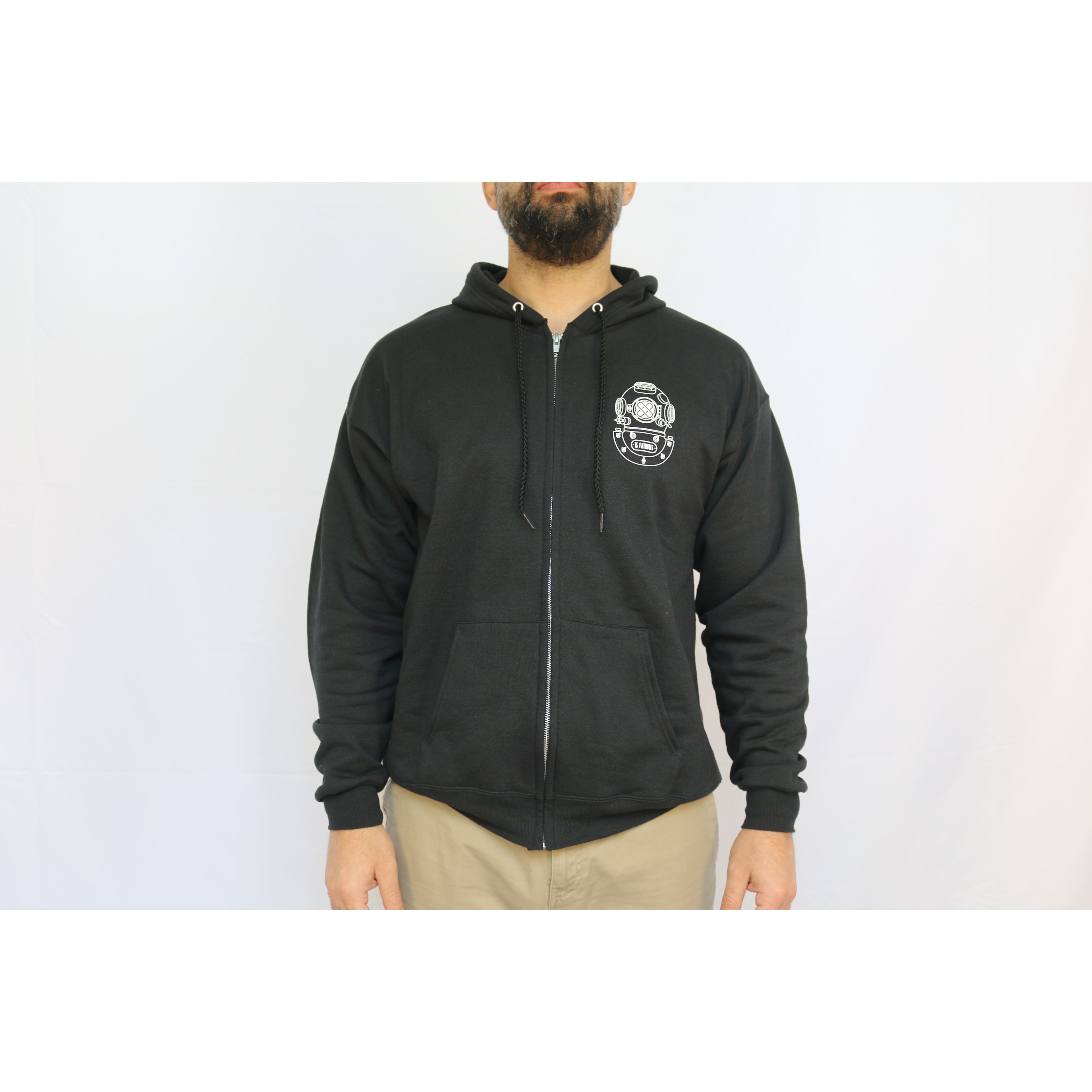 Iconic Hoodie - black zip hoodie with white diver helmet logo on the heart front