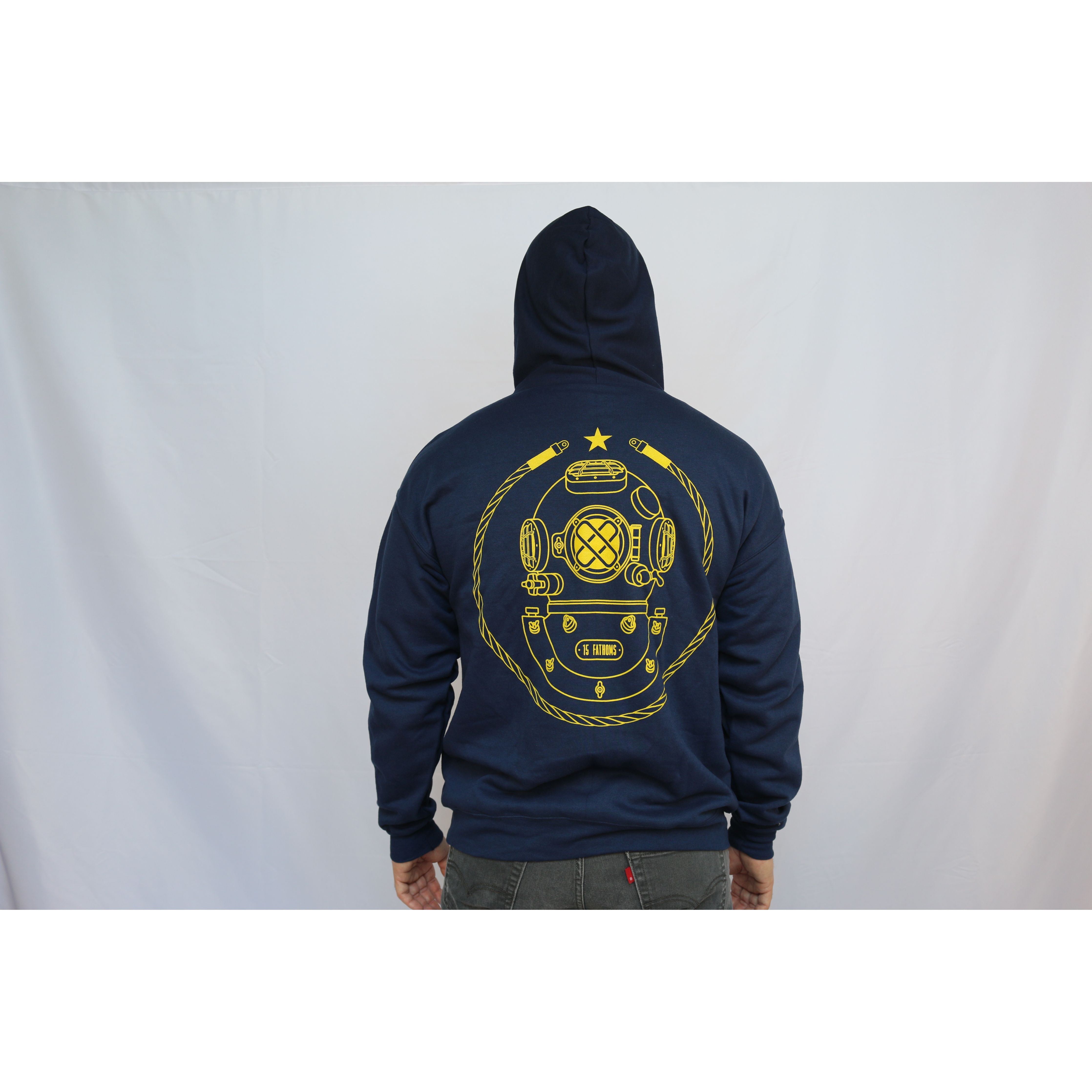 Iconic Hoodie - navy hoodie with gold diver helmet logo on the back