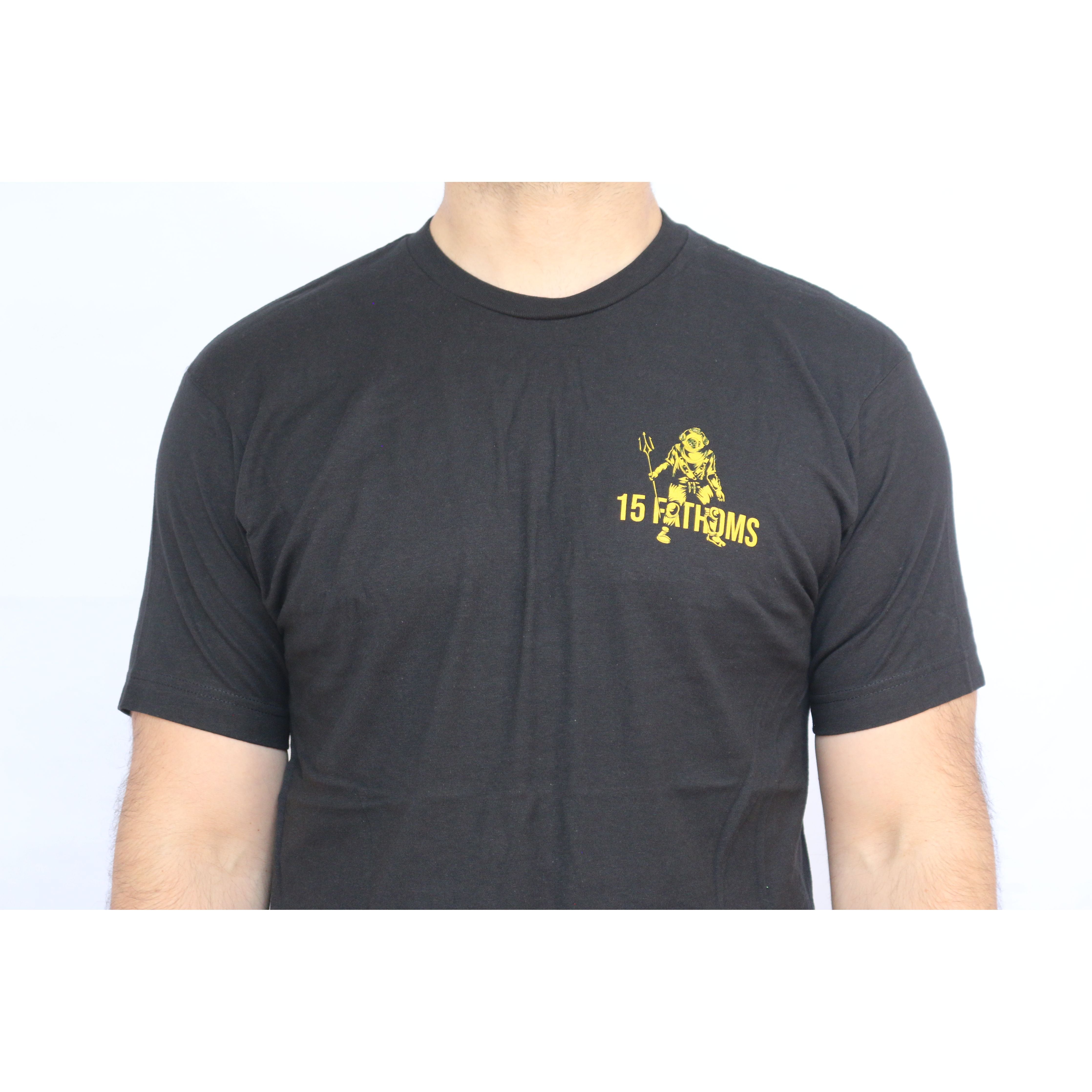 Trident Diver - black t-shirt featuring image of diver holding a trident with “15 Fathoms” text over heart, front of shirt