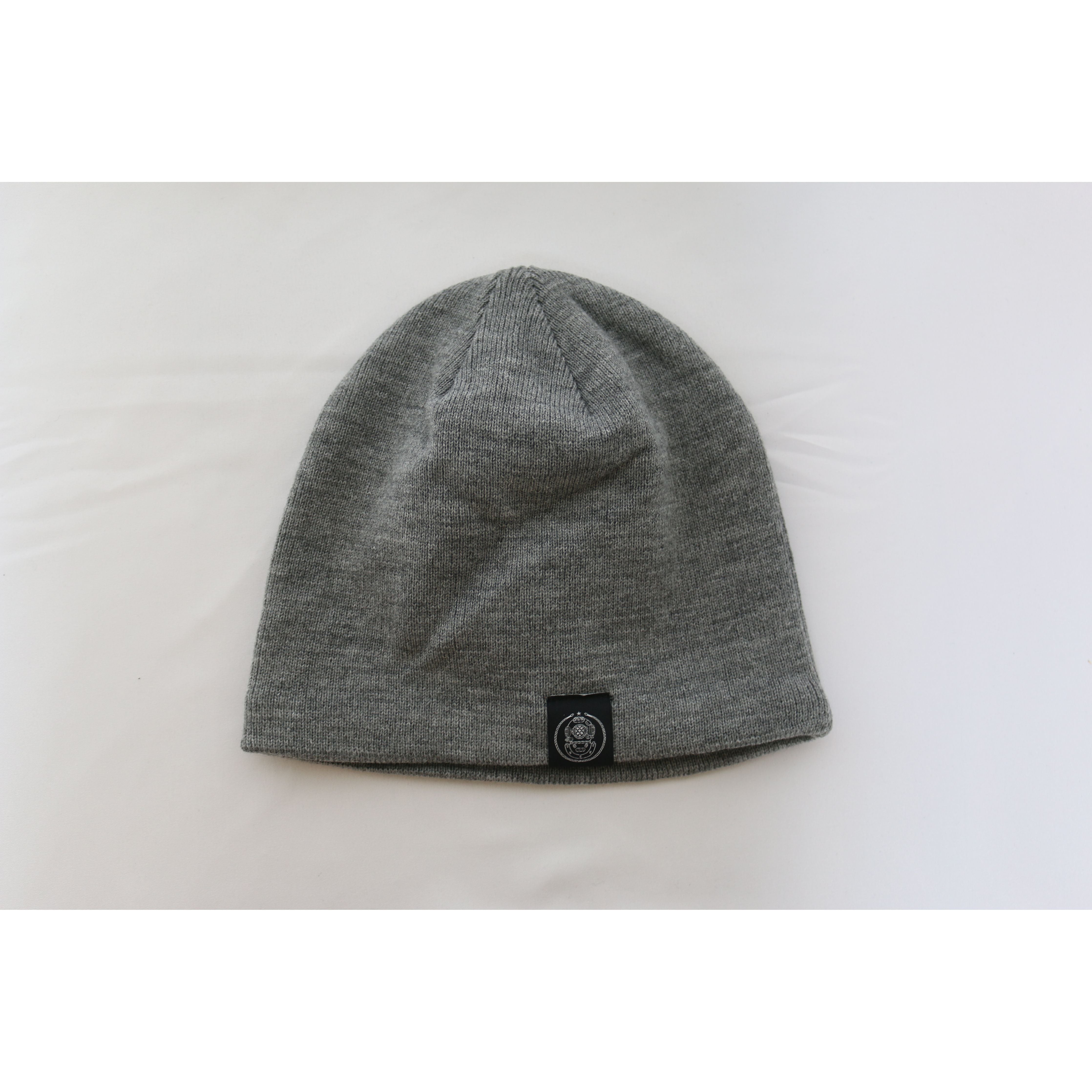 Sport Beanie - gray beanie with small diver helmet logo on the bottom on white background