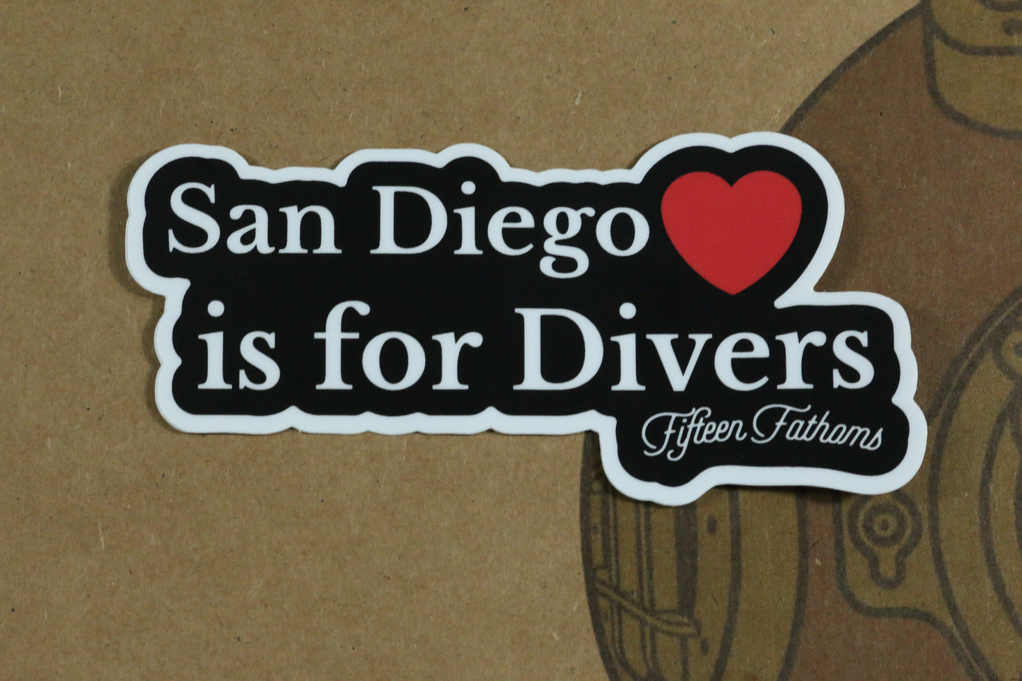 Inspired by the classic "Virginia is for lovers" slogan, this new sticker is for all of our San Diego divers.  Show your love for America's Finest City, and the home of 15 Fathoms.    Length: 5 inches  Height: 2.5 inches