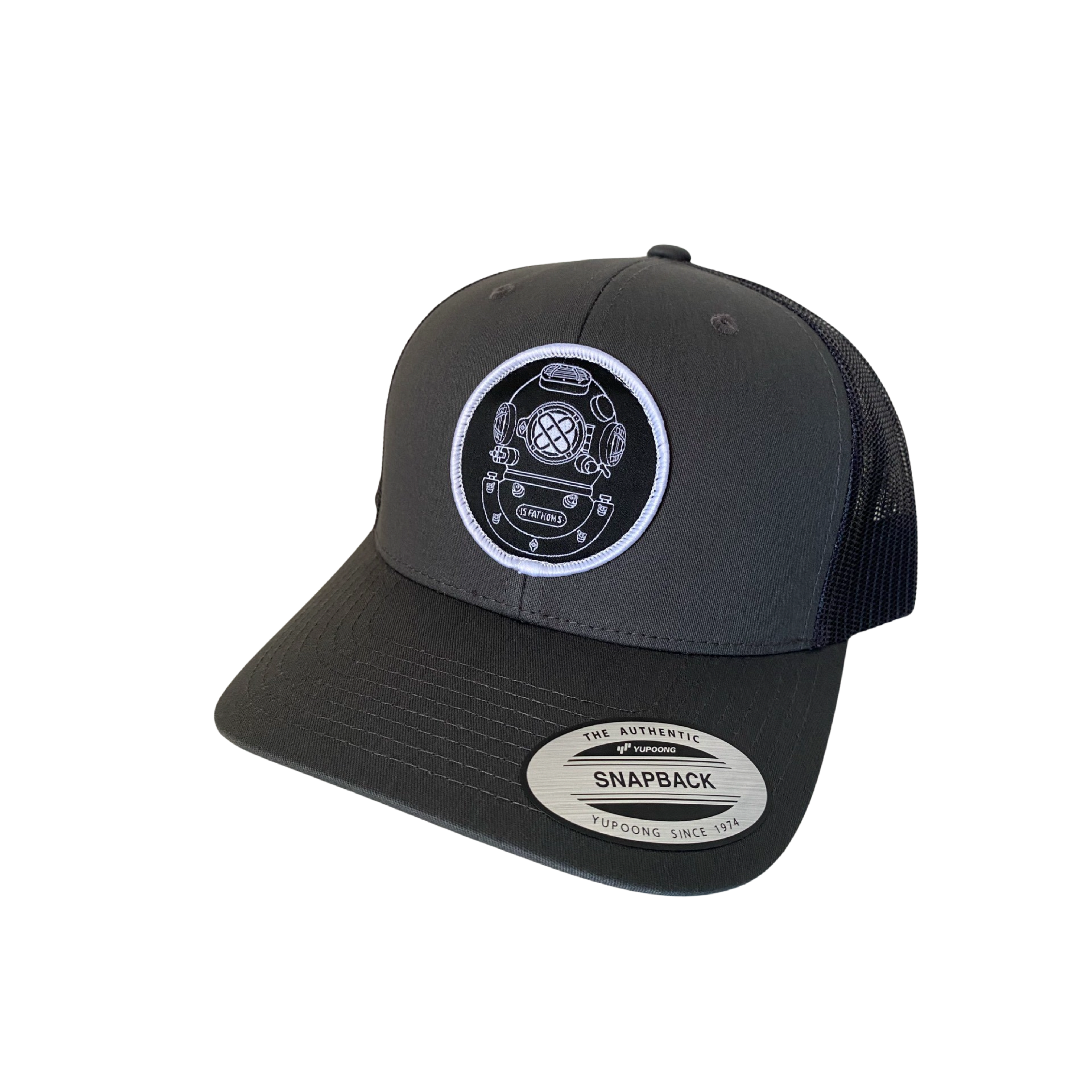 Mark-5 Hat - charcoal snapback hat with diver helmet logo patch on front, front angle view