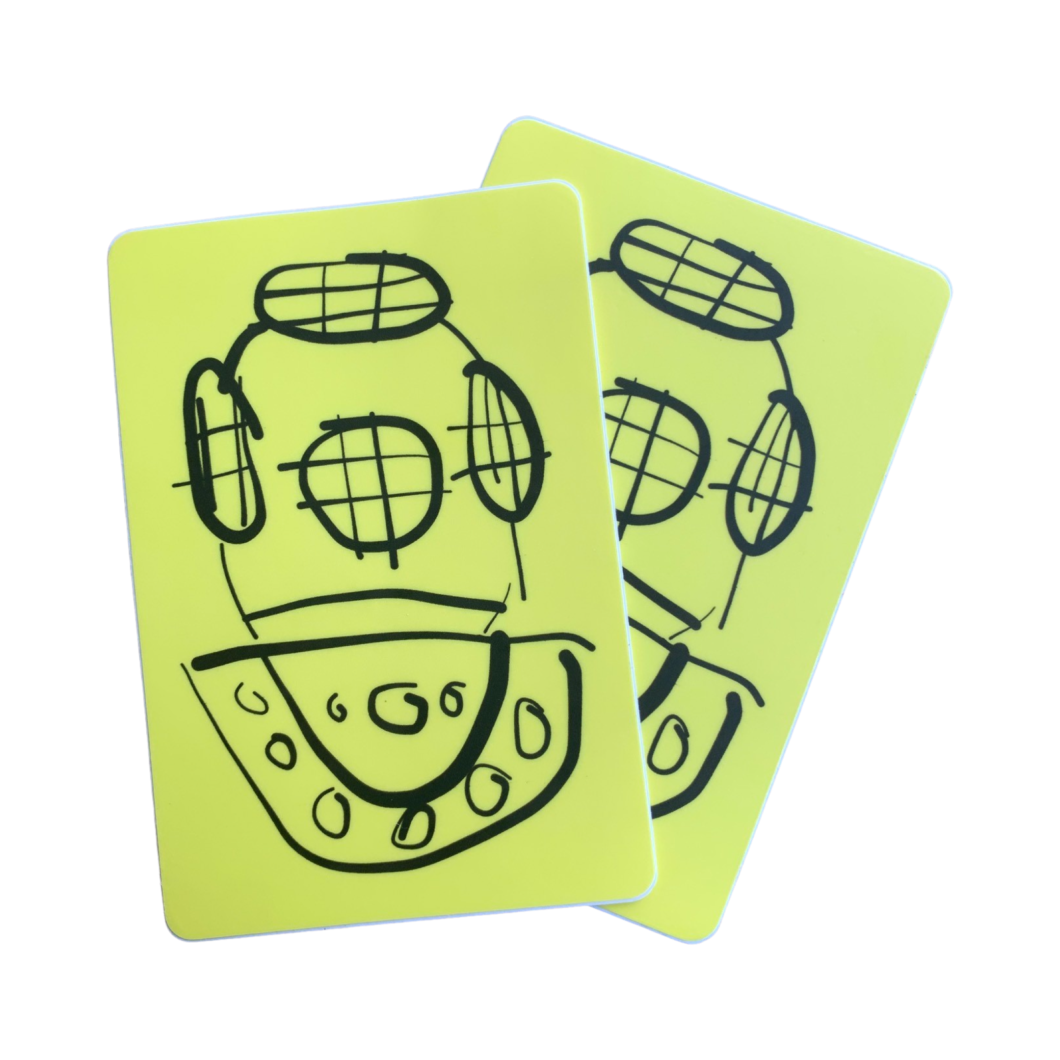 Caution Diver Buddy Pairs - two bright yellow dive helmet stickers on a white background