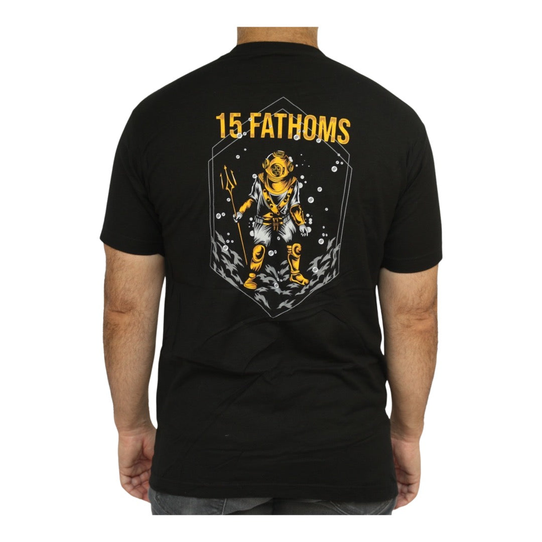 Trident Diver - black t-shirt featuring image of diver holding a trident with “15 Fathoms” text above, model facing away