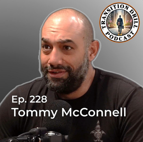 Tommy McConnell speaking into a microphone with 'Transition Drill Podcast' logo and text overlay on a gray background