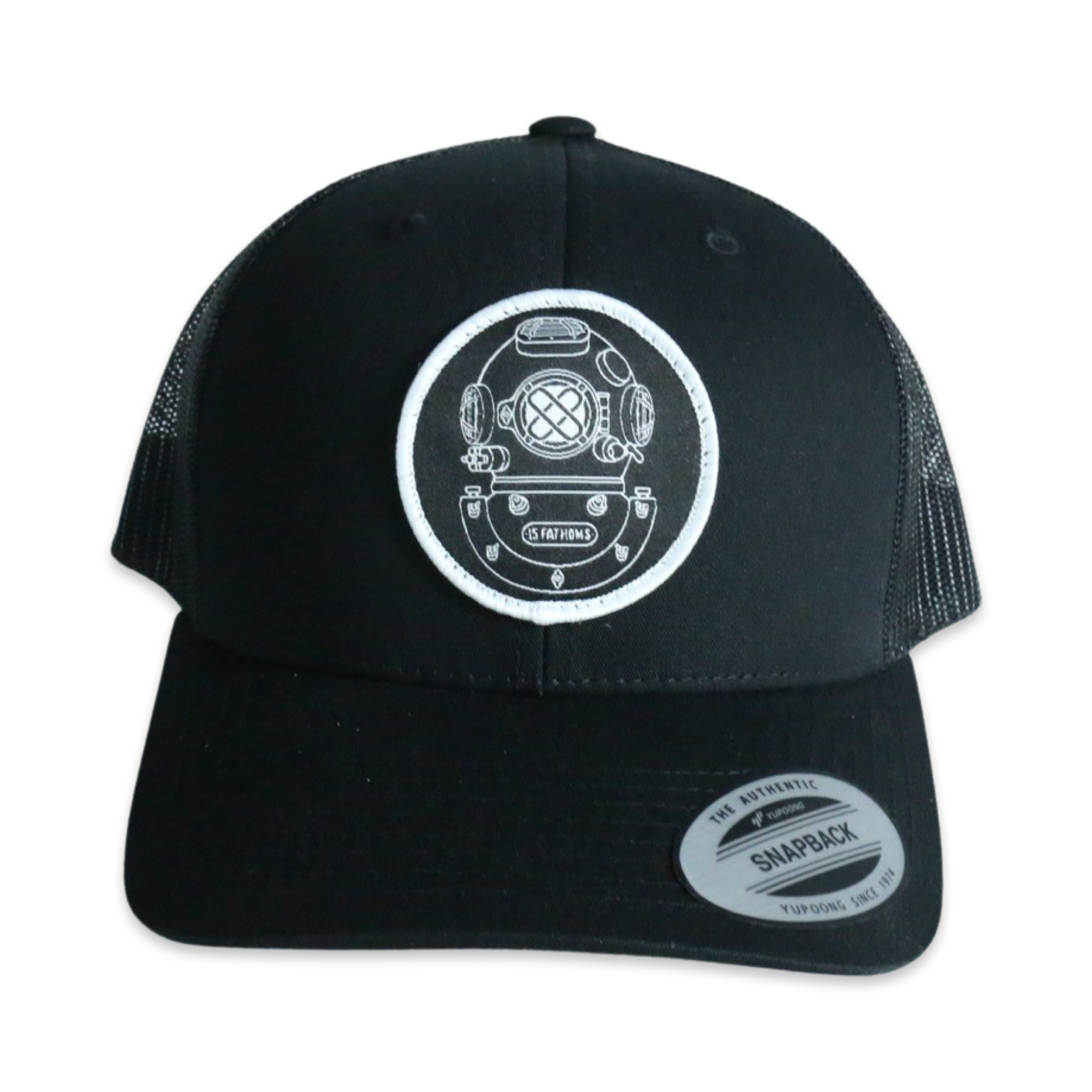 Mark-5 Hat - black snapback hat with diver helmet logo patch on front