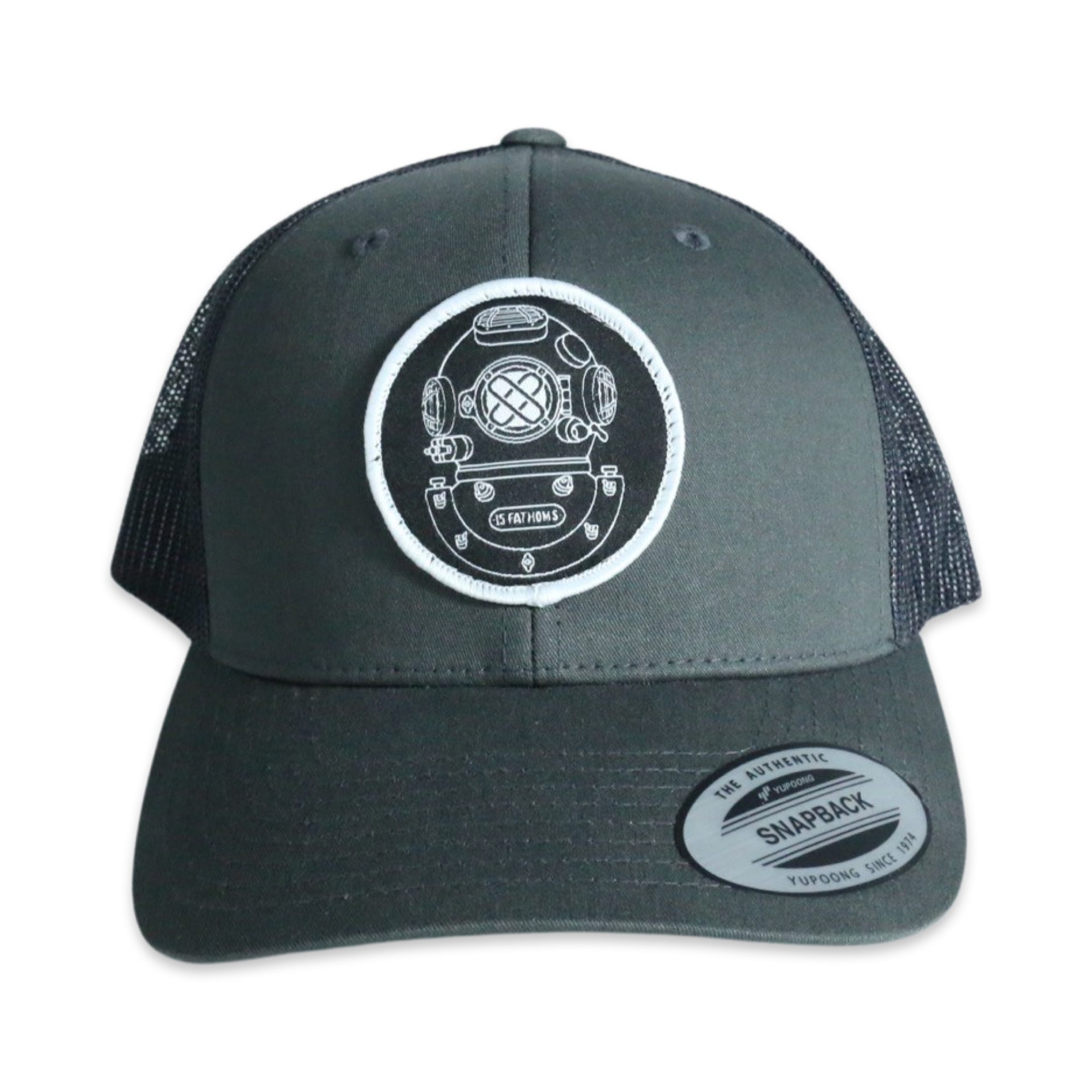 Mark-5 Hat - charcoal snapback hat with diver helmet logo patch on front