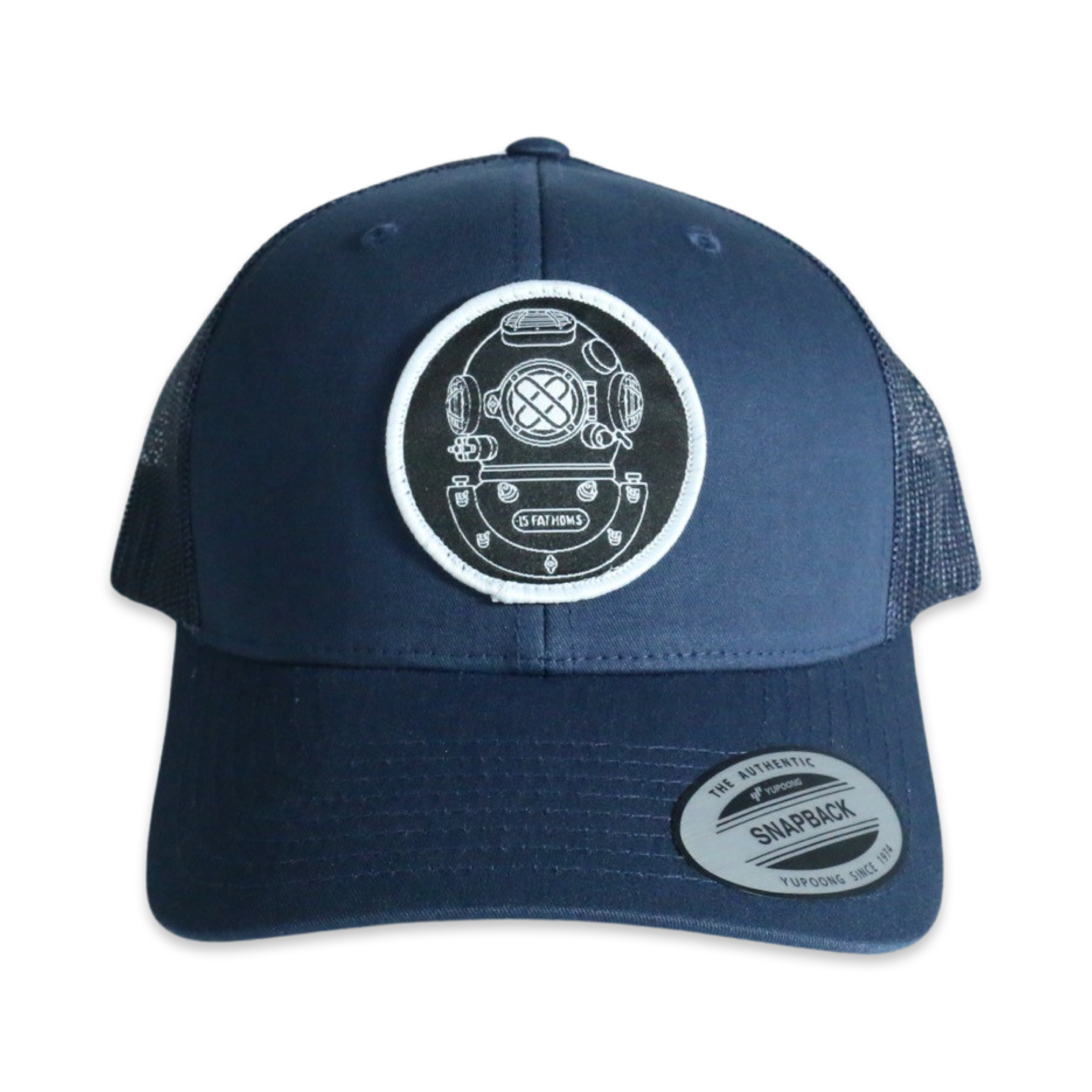 Mark-5 Hat - navy blue snapback hat with diver helmet logo patch on front