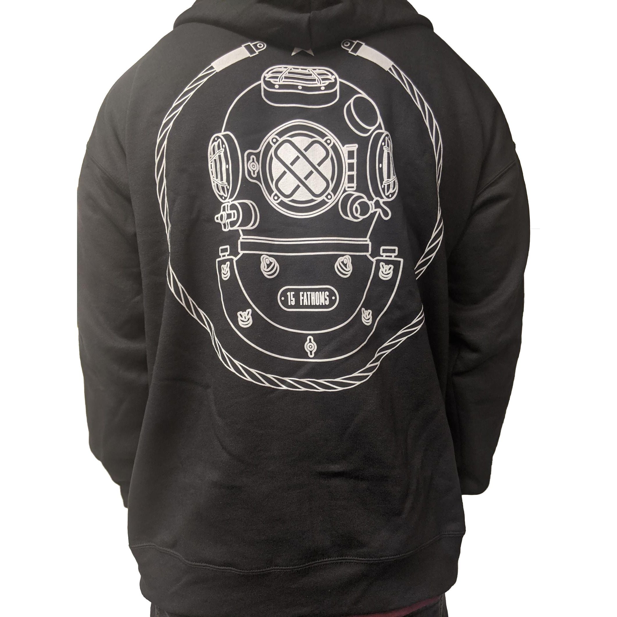 Iconic Hoodie - black hoodie with white diver helmet logo on the back