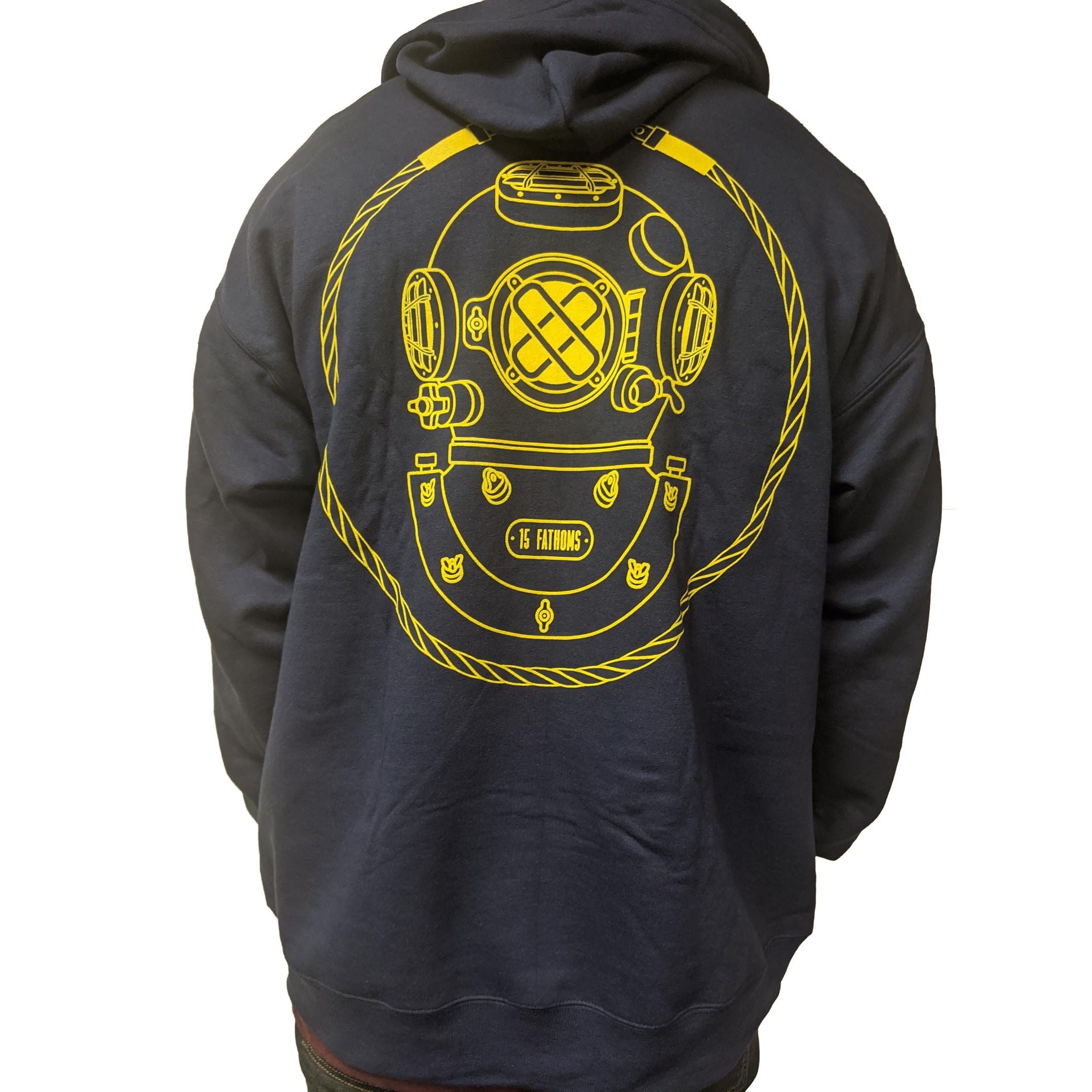 Iconic Hoodie - black hoodie with gold diver helmet logo on the back